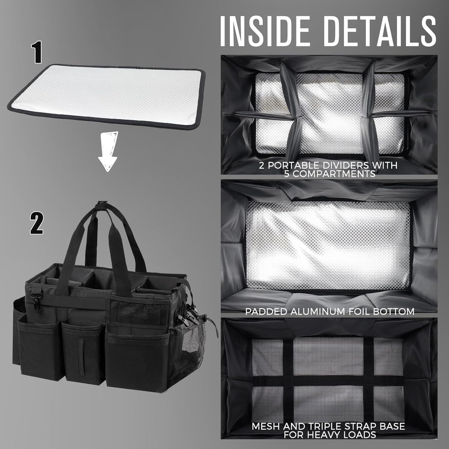 Wearable Cleaning Caddy Organizer with Handle & Shoulder Straps for Housekeepers, Under Sink & Car Cleaning Tool Organizer Bag with 4 Foldable Dividers (Black)