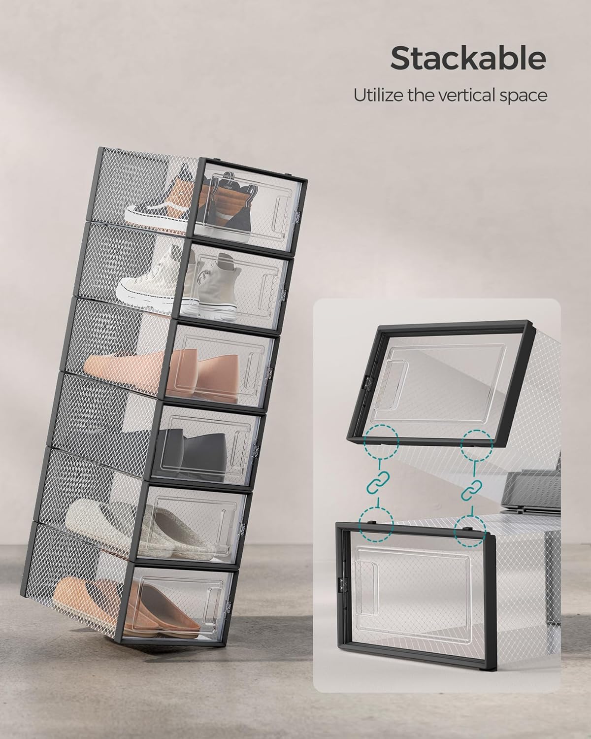 SONGMICS Shoe Boxes, Pack of 12 Shoe Storage Organizers, Stackable Clear Plastic Boxes for Closet, Sneakers, 13.1 x 9.1 x 5.6 Inches, Transparent and Black ULSP006B12