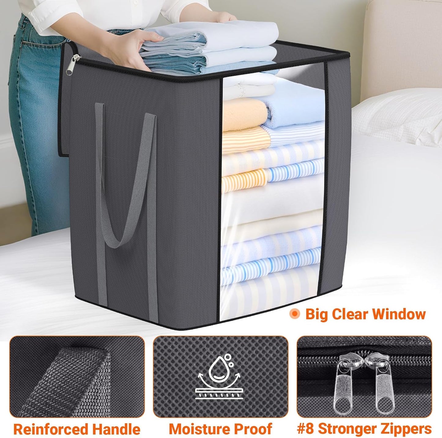 120L Extra Large Clothes Storage Bags, Foldable Blanket Storage and Organization, Thick Fabric Containers with Reinforced Handles & Zippers for Clothing, Comforters, Bedding, Gray, 2 Pack