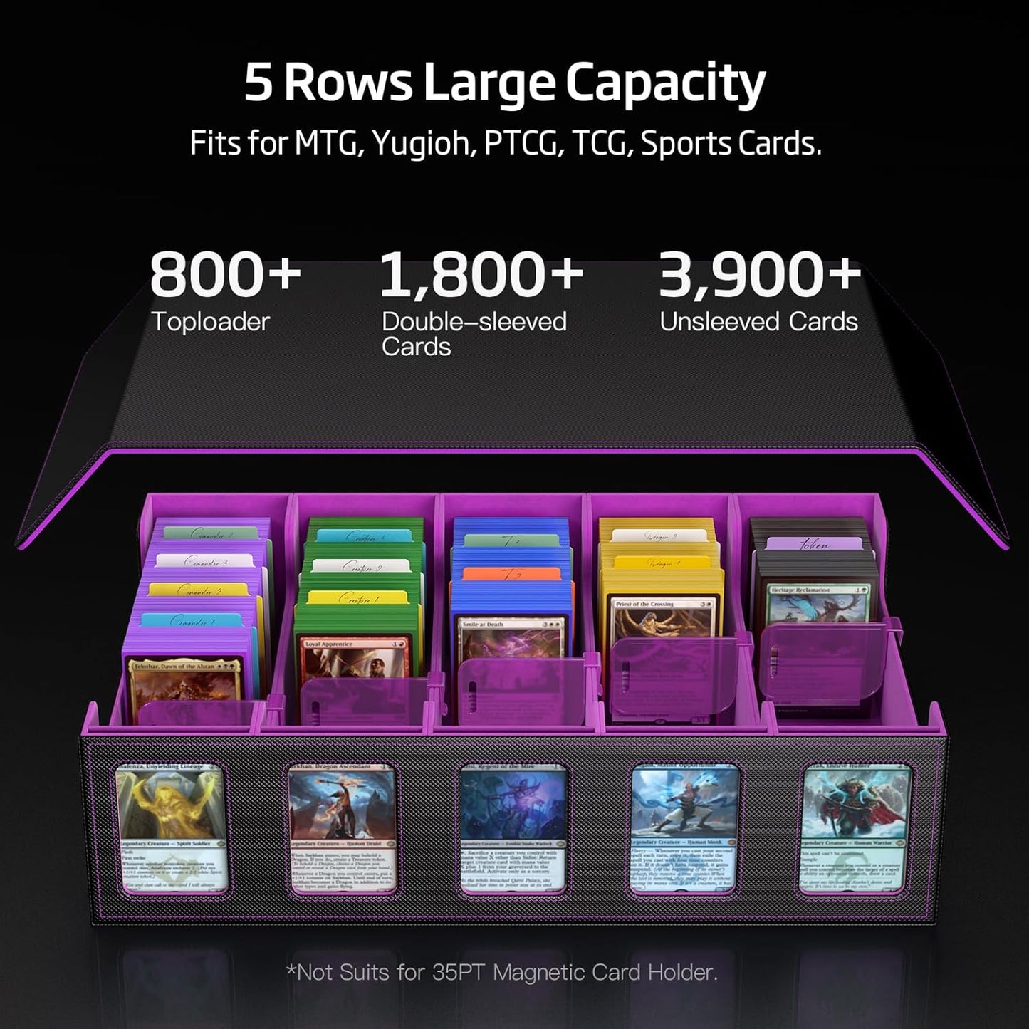 Trading Card Storage Box 5-Row 3900+ Capacity,TCG MTG Card Case with Magnetic Lid & Commander Display,Top Loader Storage for Sports Cards,Includes Dividers Dice Box（Black Purple）