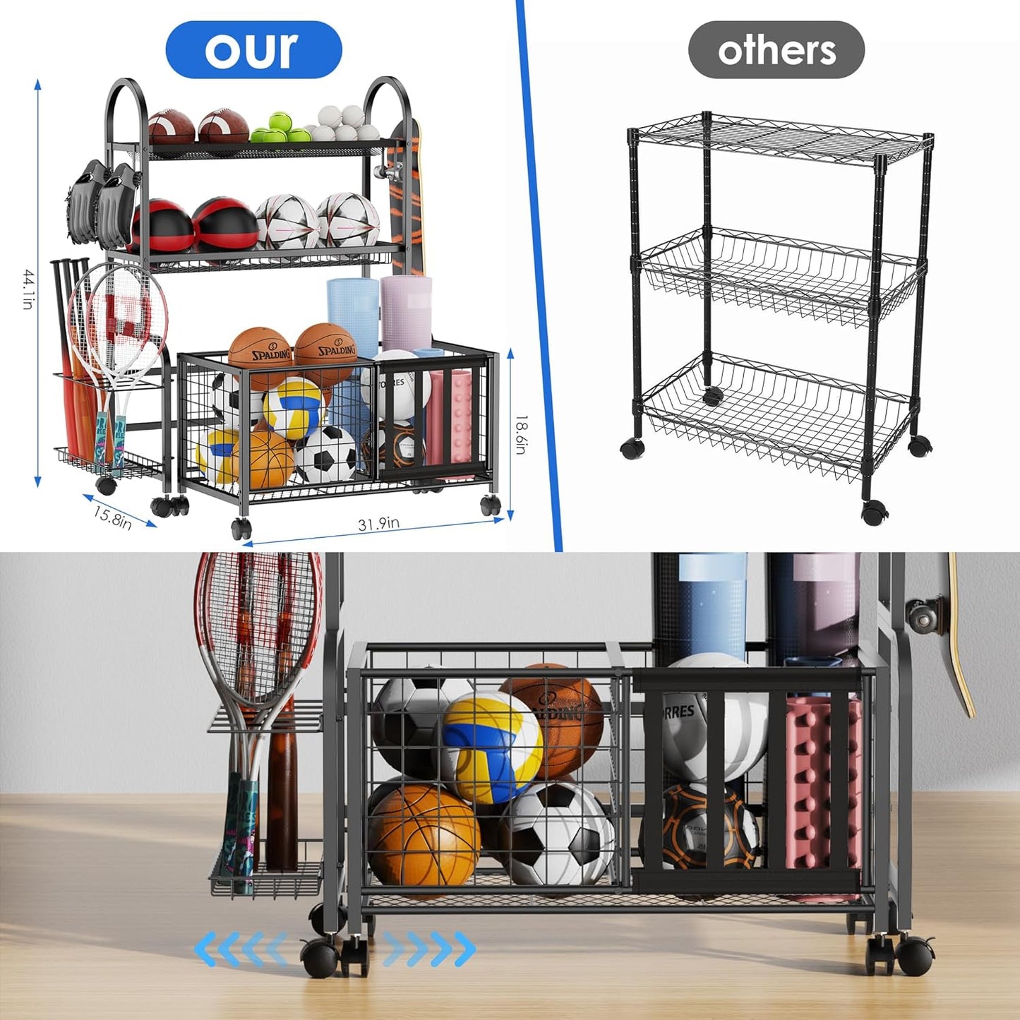 Garage Ball Storage, 2 in 1 Sports Equipment Organizer, Garage Organizer with Basket and Hooks, Individually Movable Rolling Sports Ball Organizer Cart, Black
