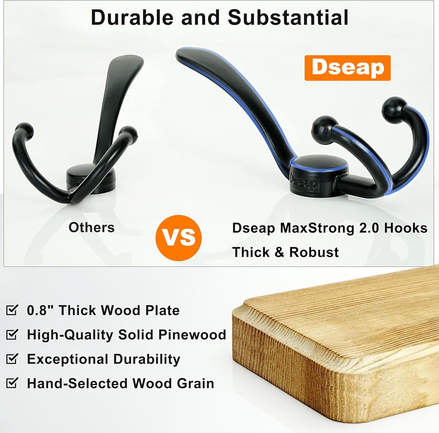 Dseap Coat Rack Wall Mounted - 24" Long 6 Tri Hooks, Heavy Duty Wooden Wall Coat Hanger Coat Hook for Clothes Hat Jacket Clothing, Weathered Light Natural and Black