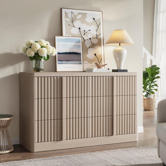 Fluted Dresser for Bedroom, 47" Wide Chest of Drawers, Modern 6 Drawer Dresser with Solid Wood Handle, Curved Profile Design, Wood Dressers Storage Organizer, Living Room, Hallway, White Alder