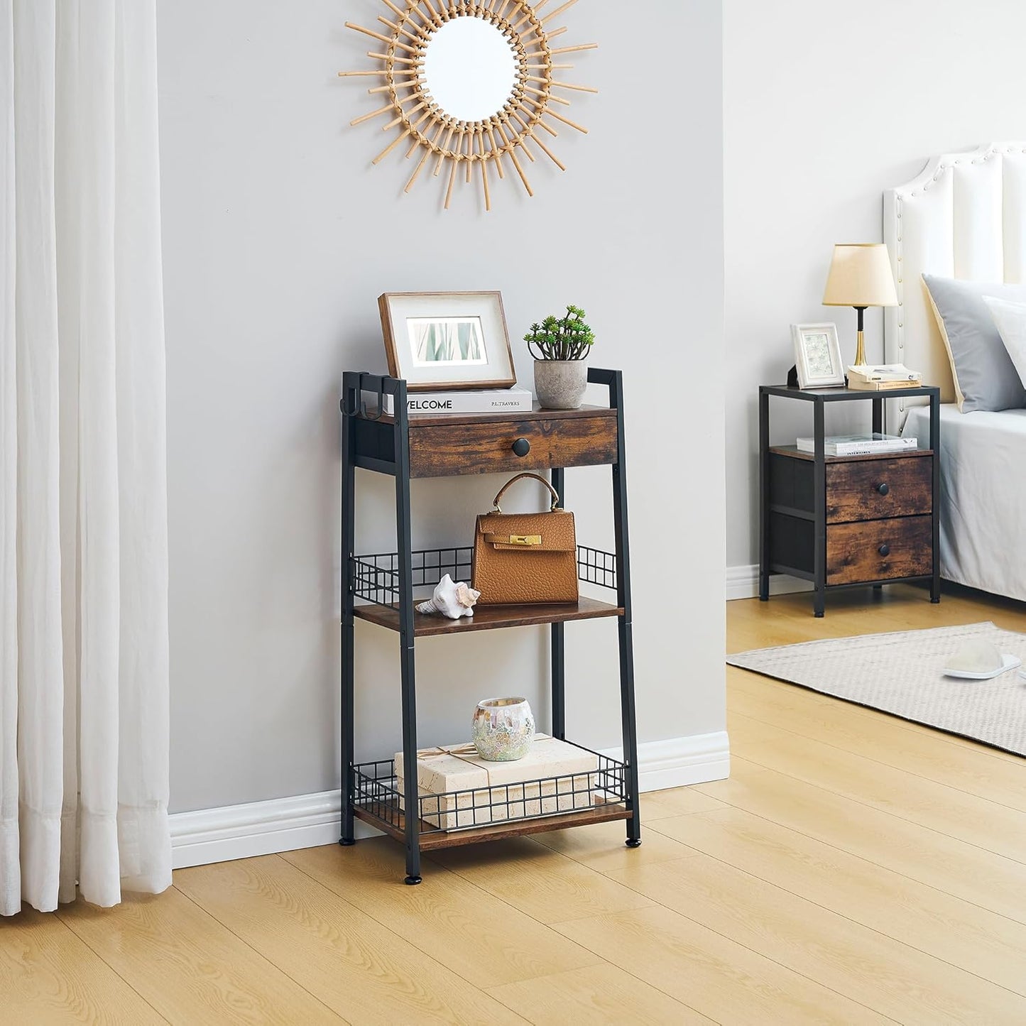 3-Tier Ladder Shelf with Drawer, Bathroom Stand Floor Storage Shelf, Freestanding Tower Shelf Ladder Table for Living Room, Bedroom -Rustic Brown