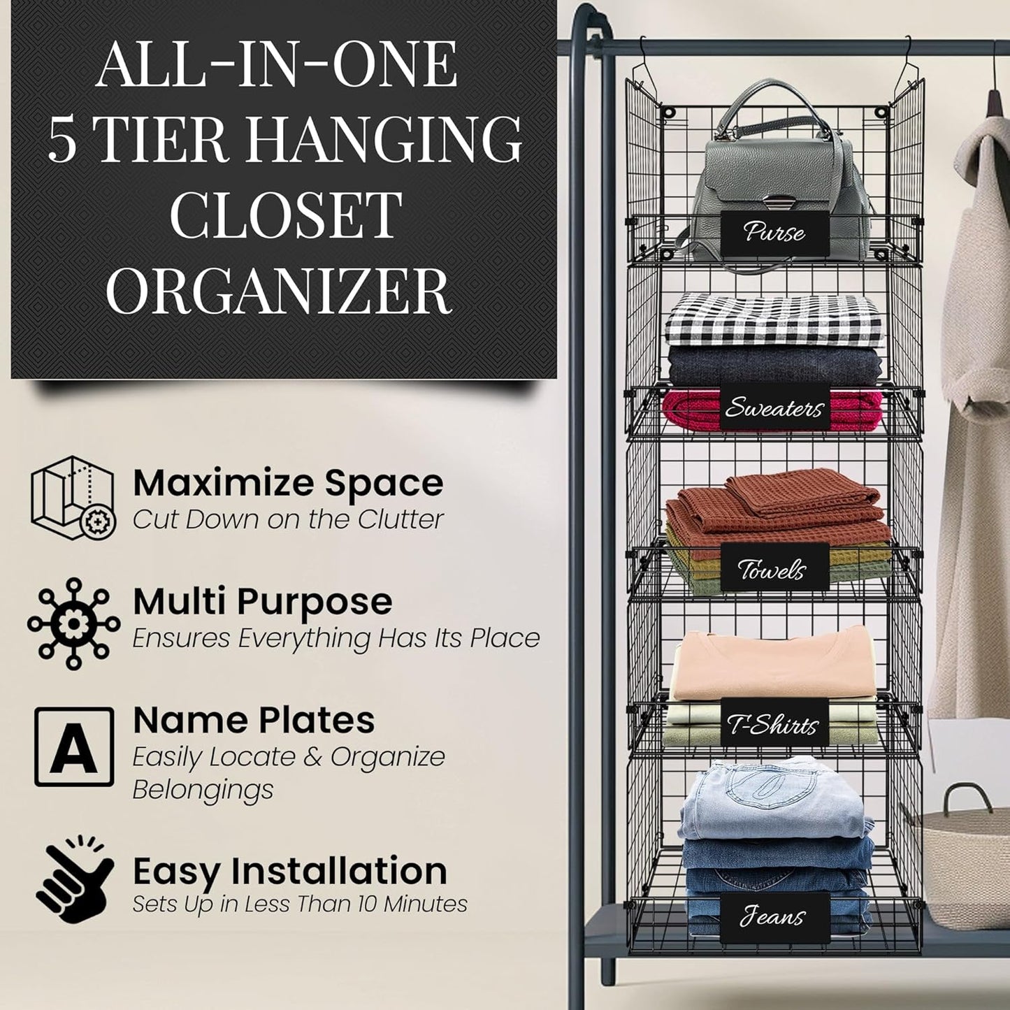 DECOLURE 5-Tier Adjustable Hanging Closet Organizer – Maximize Hanging Storage w/ 4 Hanging Hooks, 8 S Hooks & 5 Name Plates - Sturdy Foldable Wire Storage Hanging Shelves for Clothes, Towels (Black)