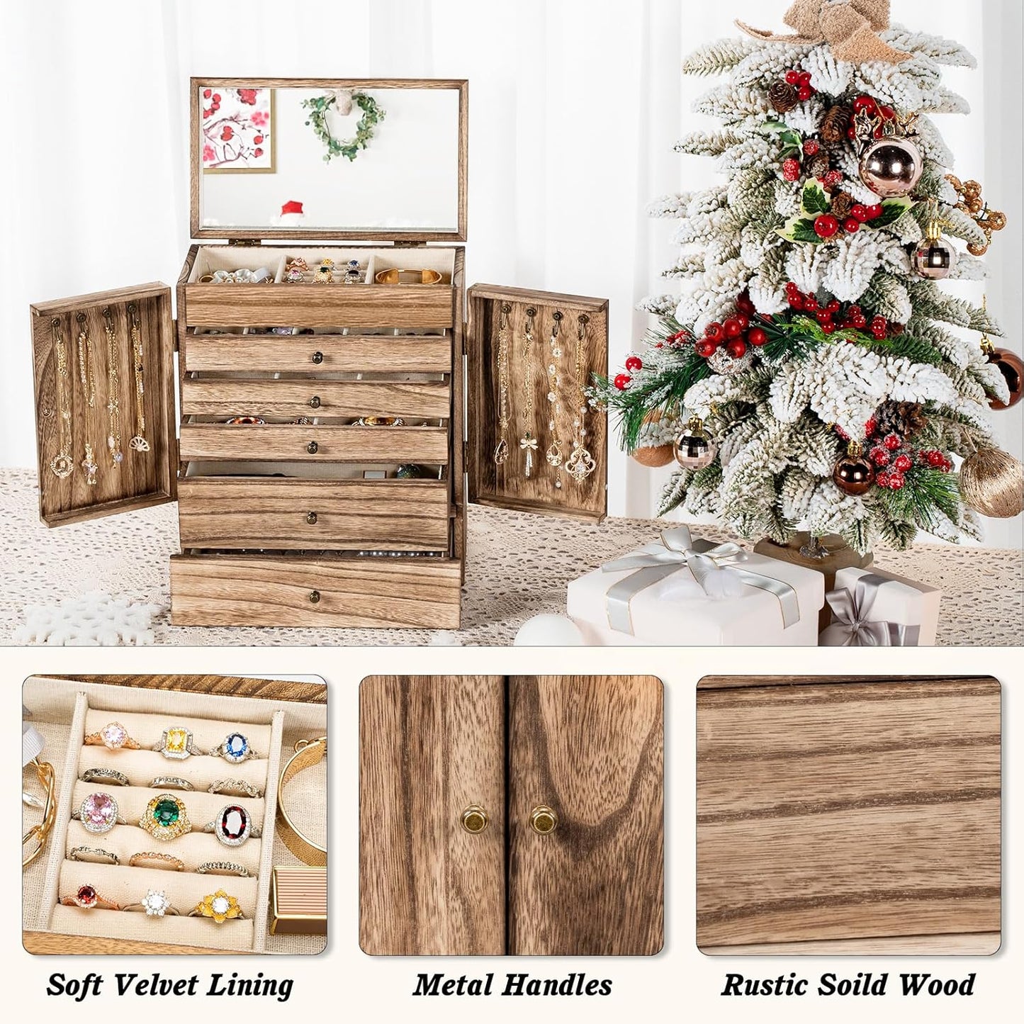 Emfogo Wooden Jewelry Box for Women, 6-Tier Large Jewelry Organizer Boxes with Mirror Rustic Solid Wood jewlery Storage Display for Rings Earrings Necklaces Bracelets watches(Carbonized Black)