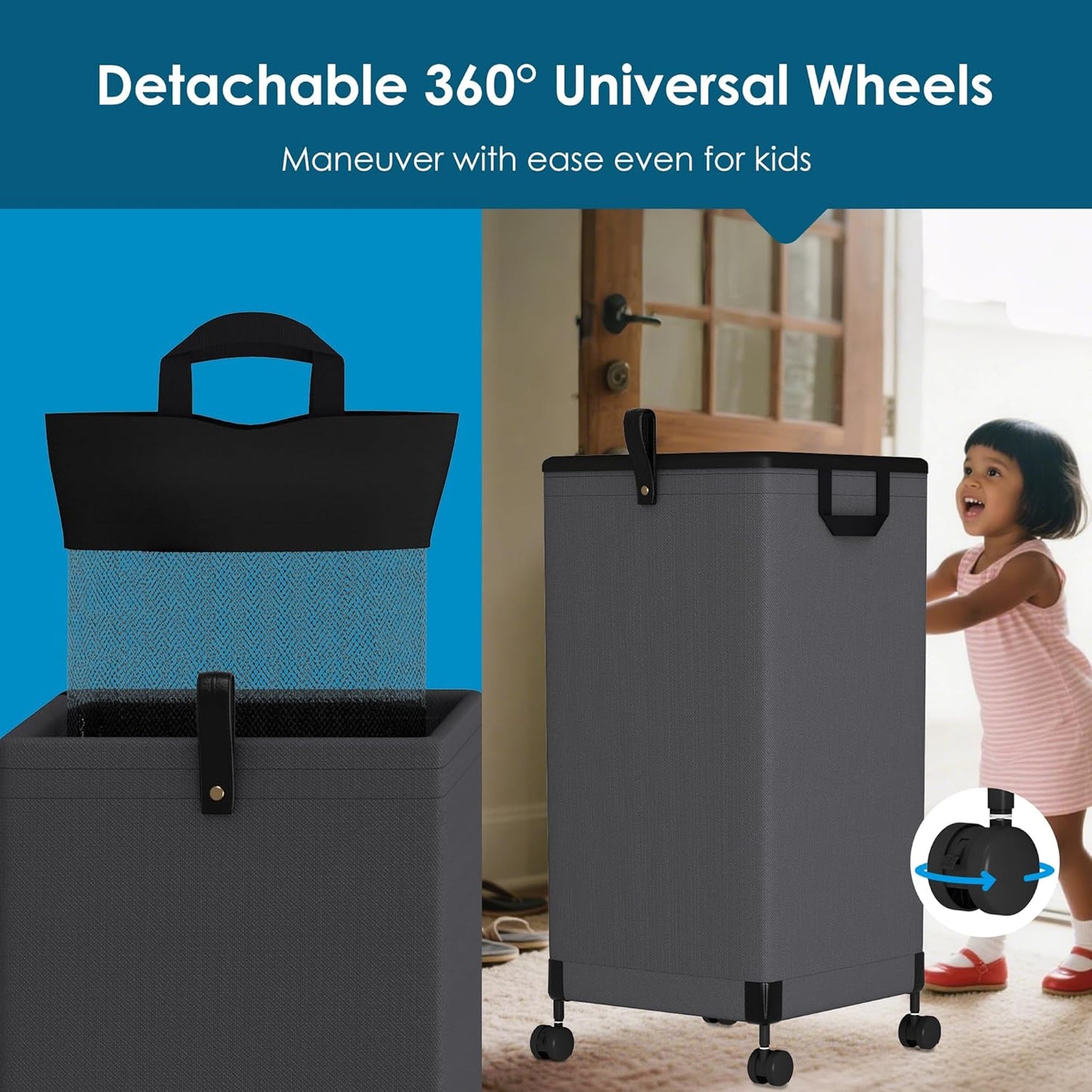 2Pcs Laundry Basket With Wheels 105L, Large Rolling Laundry Hamper With Removable Bag, Metal Frame Collapsible Dirty Clothes Bin, Cloth Organizer Hampers Pull Handle For Bathroom, Dorm, Bedroom Grey
