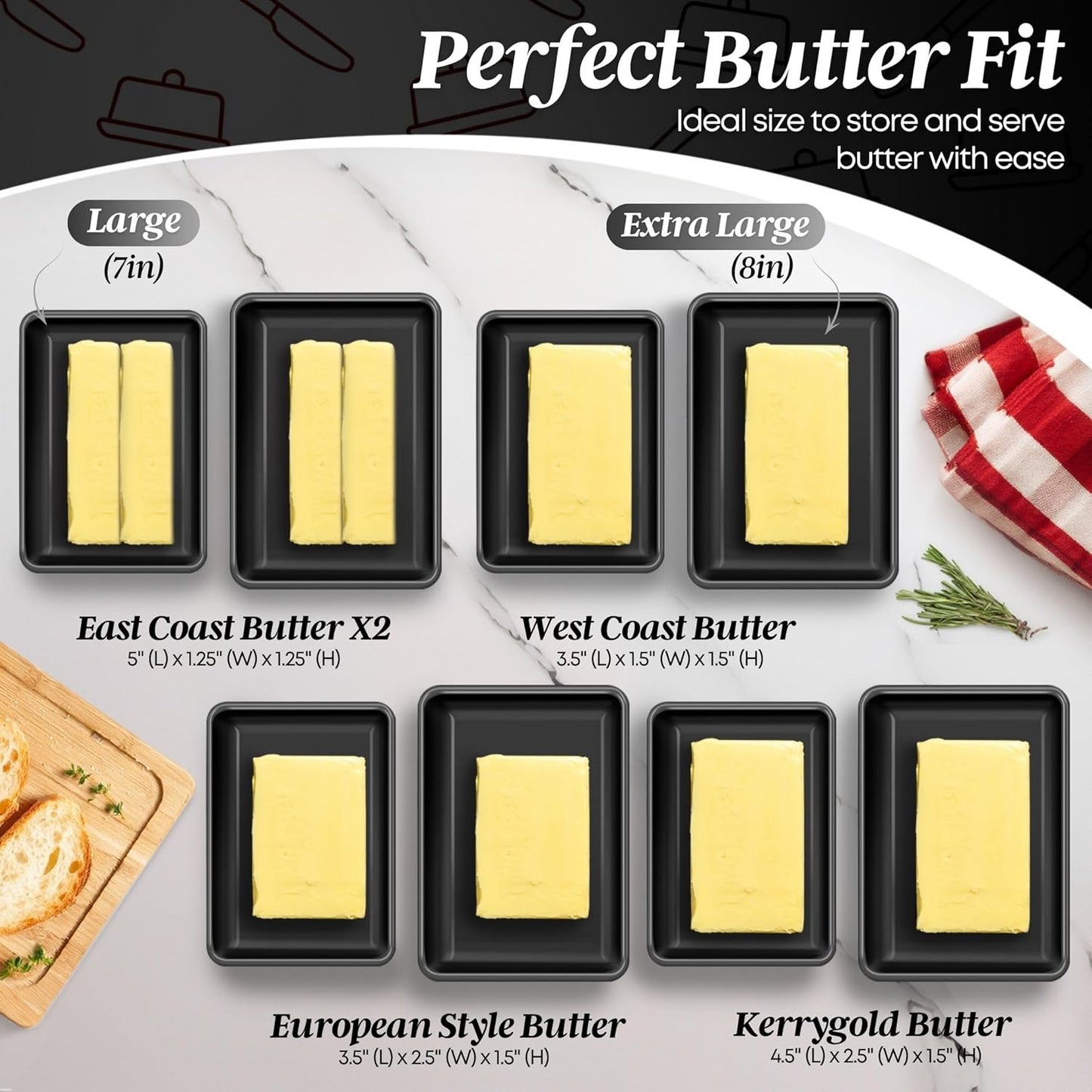 Flexzion Ceramic Black European Butter Dish with Lid for Countertop (7 Inch) - Wide 2 Stick Double Butter Holder for Counter, Cream Cheese Container Storage Keeper