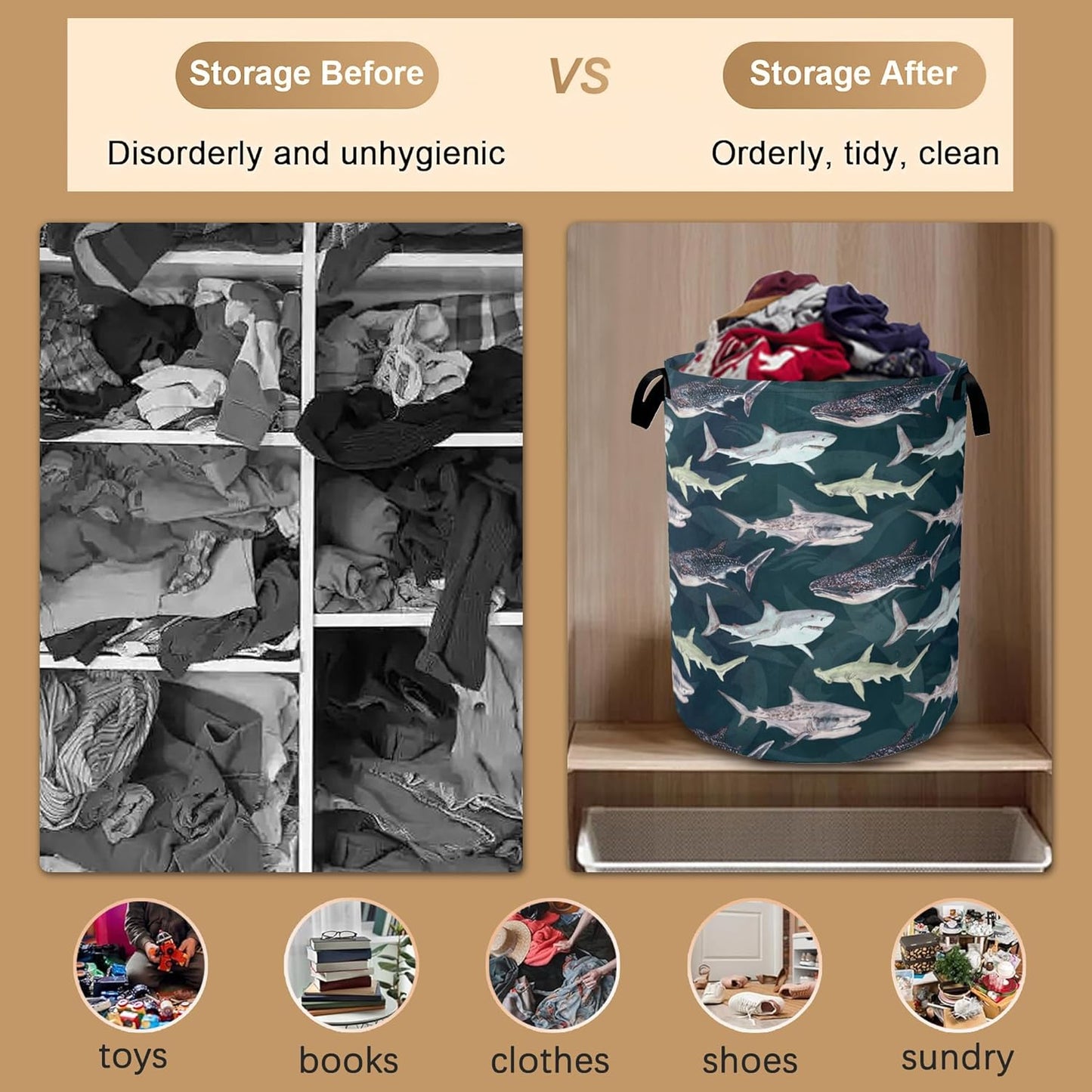 Cute Shark Collapsible Laundry Baskets,Laundry Hamper,Storage Basket with Handles for Bathroom Bedroom College Dormitory Living Room Nursery Organizer 16"x20"