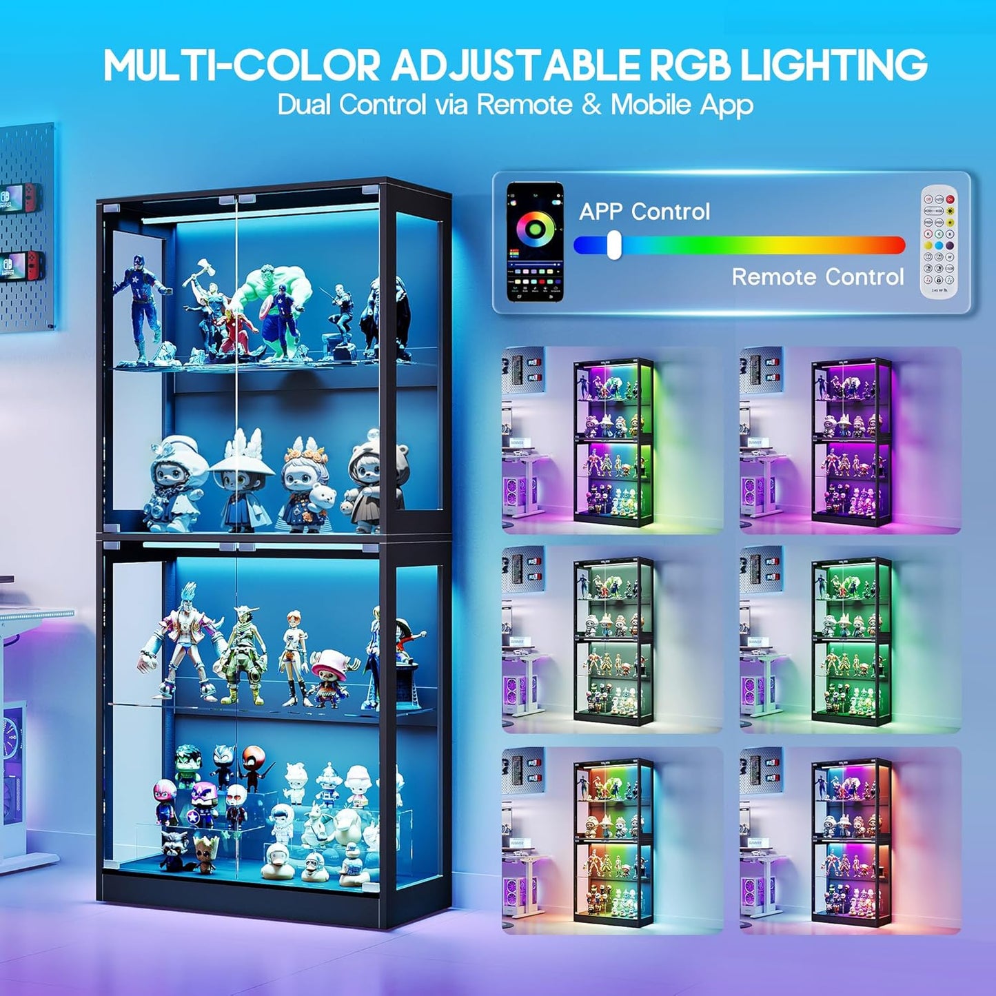 AMERLIFE RGB Display Cabinet with Adjustable Glass Shelves, 4-Tier Storage Case with LED Lights & Press-to-Open Doors, Modern Display Shelf for Collectibles, Black 70" H×32" L×16" D
