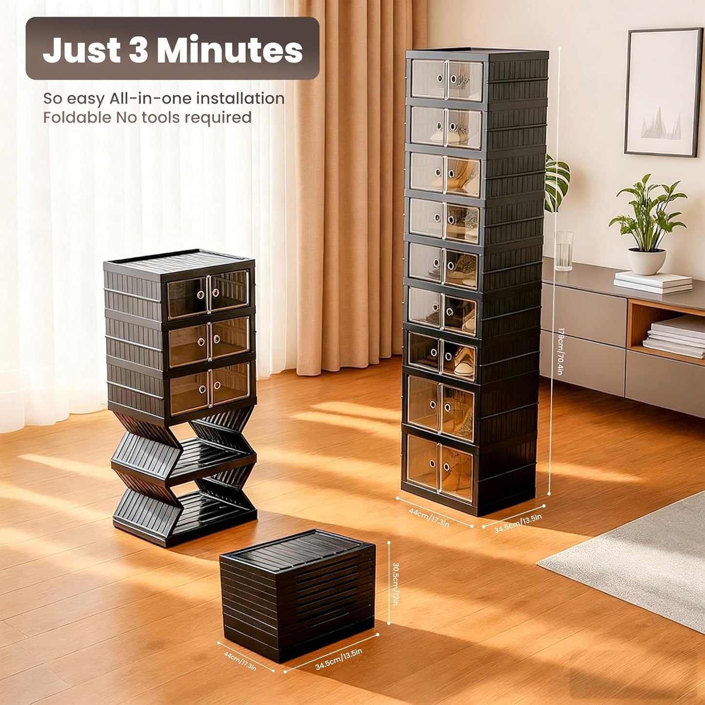 Foldable Shoe Organizer Storage Box, Portable Extra Large Folding Shoe Rack for Closet, Shoe Storage Box with Magnetic Transparent Door and Wheels, 9 Layers 18 Grids with 4 Big Grids
