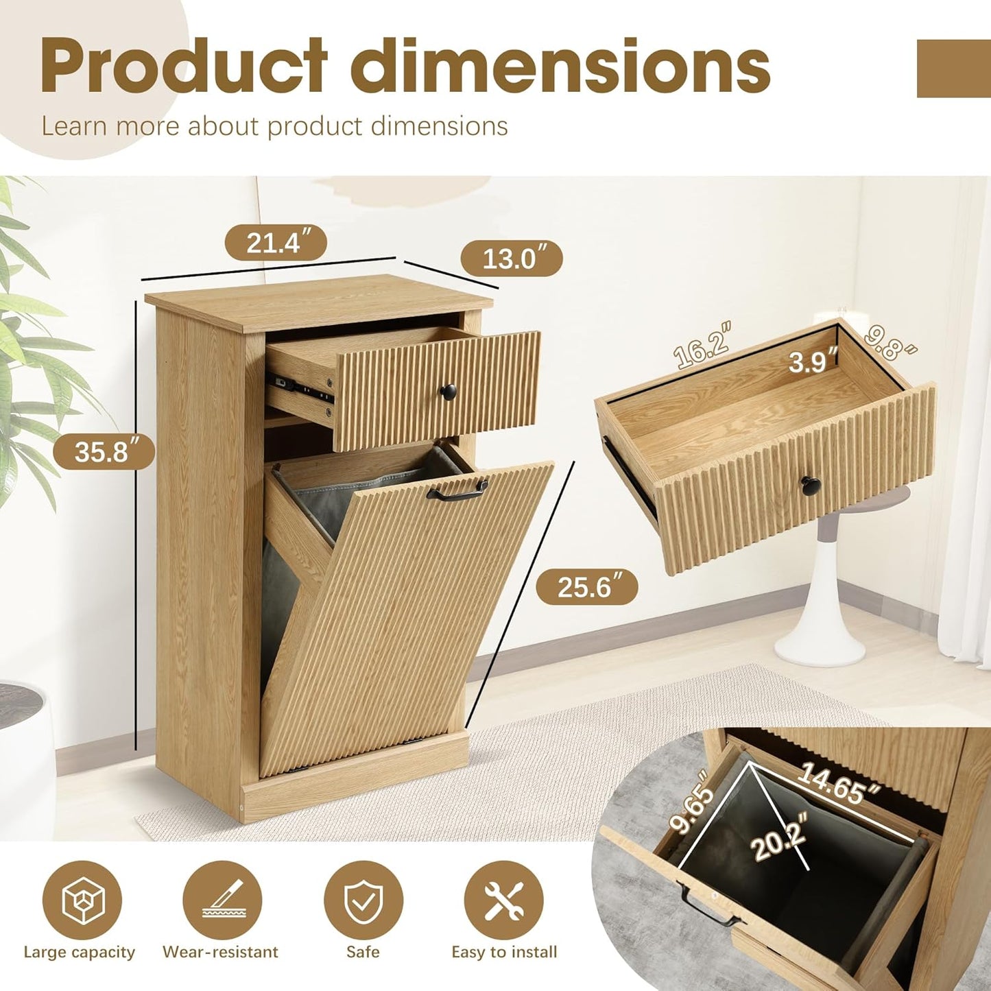Grepatio Tilt Out Fluted Laundry Hamper Cabinet, 11 Gallon Hidden Laundry Hamper, Wooden Trash Can Cabinets with Drawer, Modern Garbage Can Cabinet for Bathroom, Kitchen, Living Room (Natural, Single)