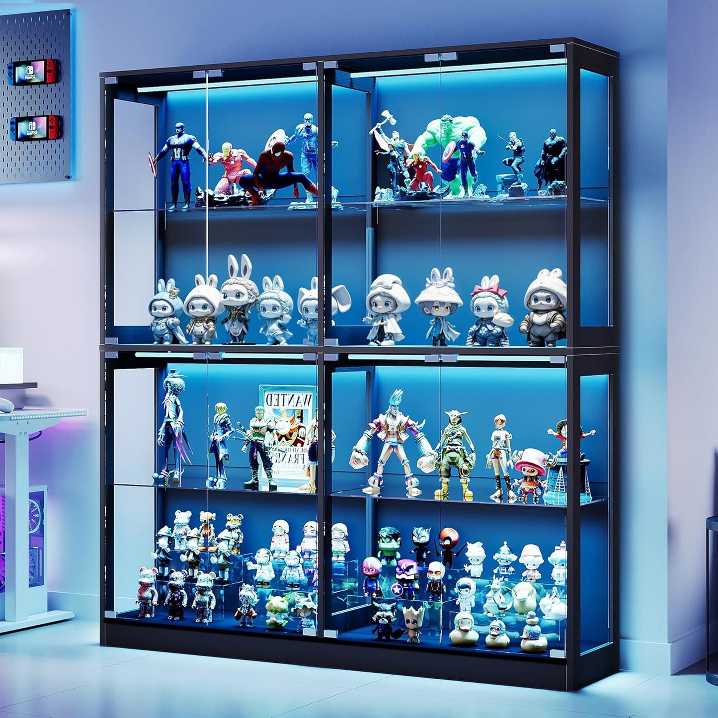 AMERLIFE RGB Display Cabinet with Adjustable Glass Shelves, 4-Tier Storage Case with LED Lights & Press-to-Open Doors, Modern Display Shelf for Collectibles, Black 70" H×60" L×16" D