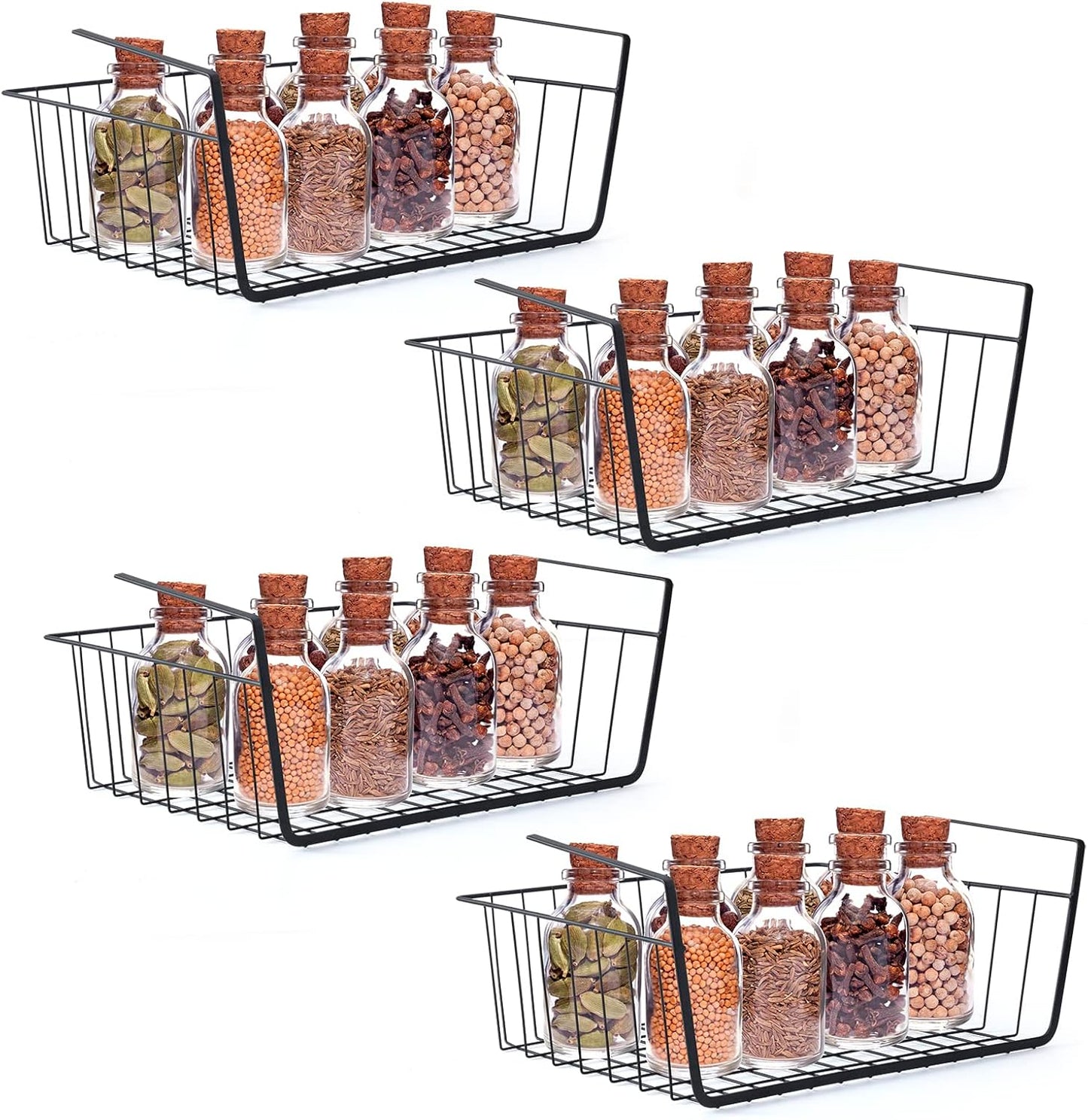 Undershelf Storage Basket Under Shelf Wire Basket Household Metal Under Shelf Hanging Storage Bin Basket Slides Under Shelves for Storage Space Saving for Kitchen Pantry Bookshelf 4 PCS
