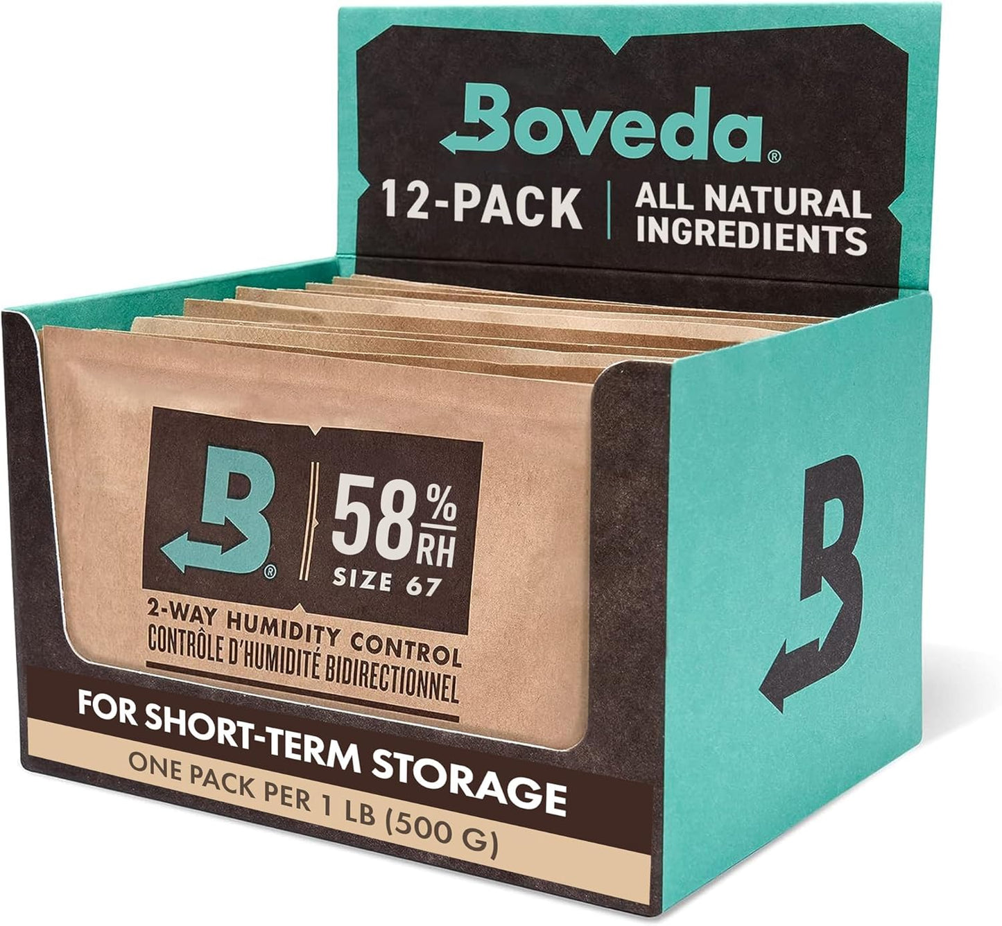 Boveda 58% Two-Way Humidity Control Packs For Storing 1 lb – Size 67 – 12 Pack – Moisture Absorbers for Storage Containers – Humidifier Packs – Individually Wrapped Hydration Packets