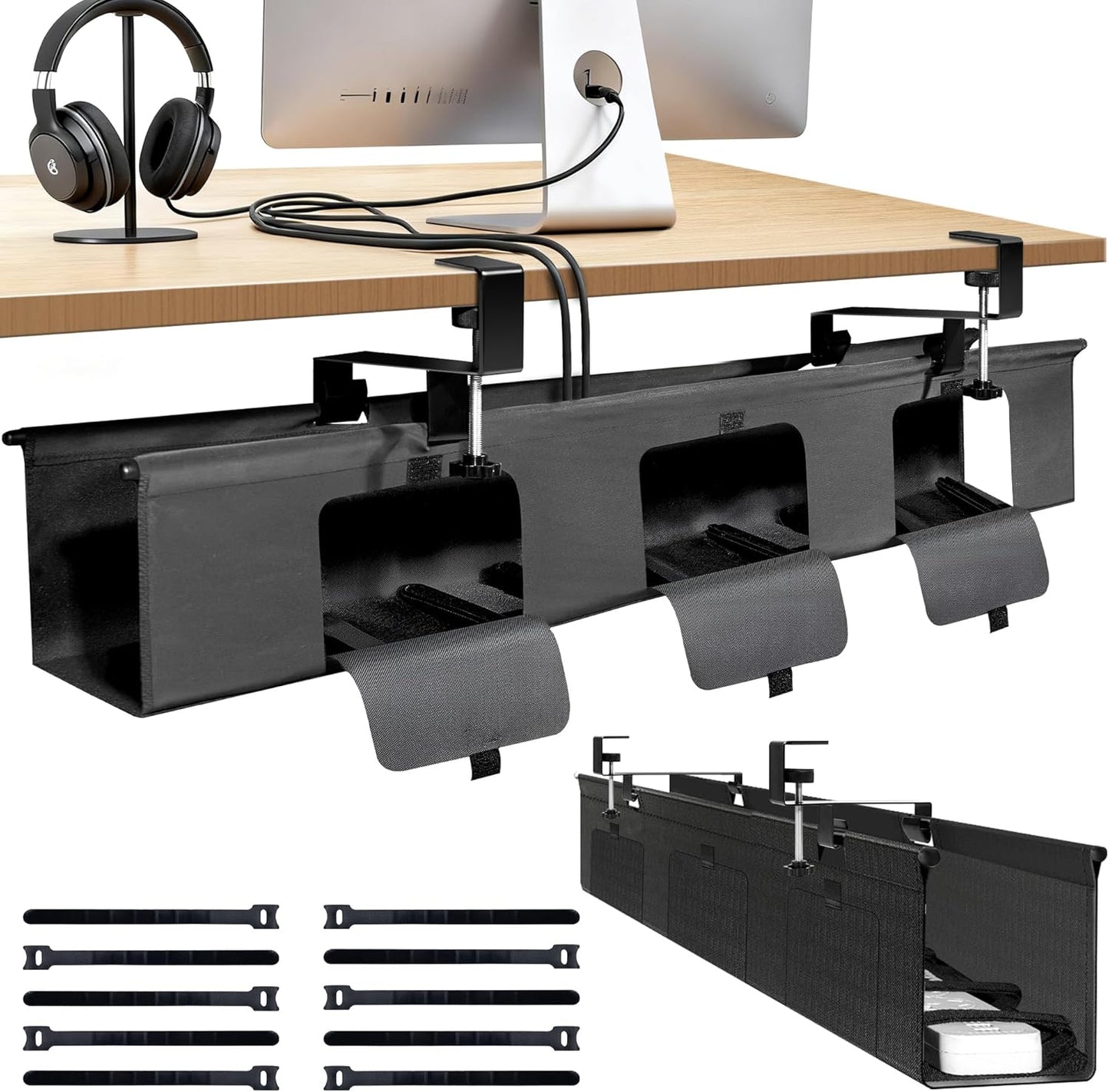No Drill Under Desk Cable Management Tray, 35.8 Standing Desk Cable Management with Clamp Mount Cable Holder, Fabric Wire Cord Organizer for Office Home Workstations, Black