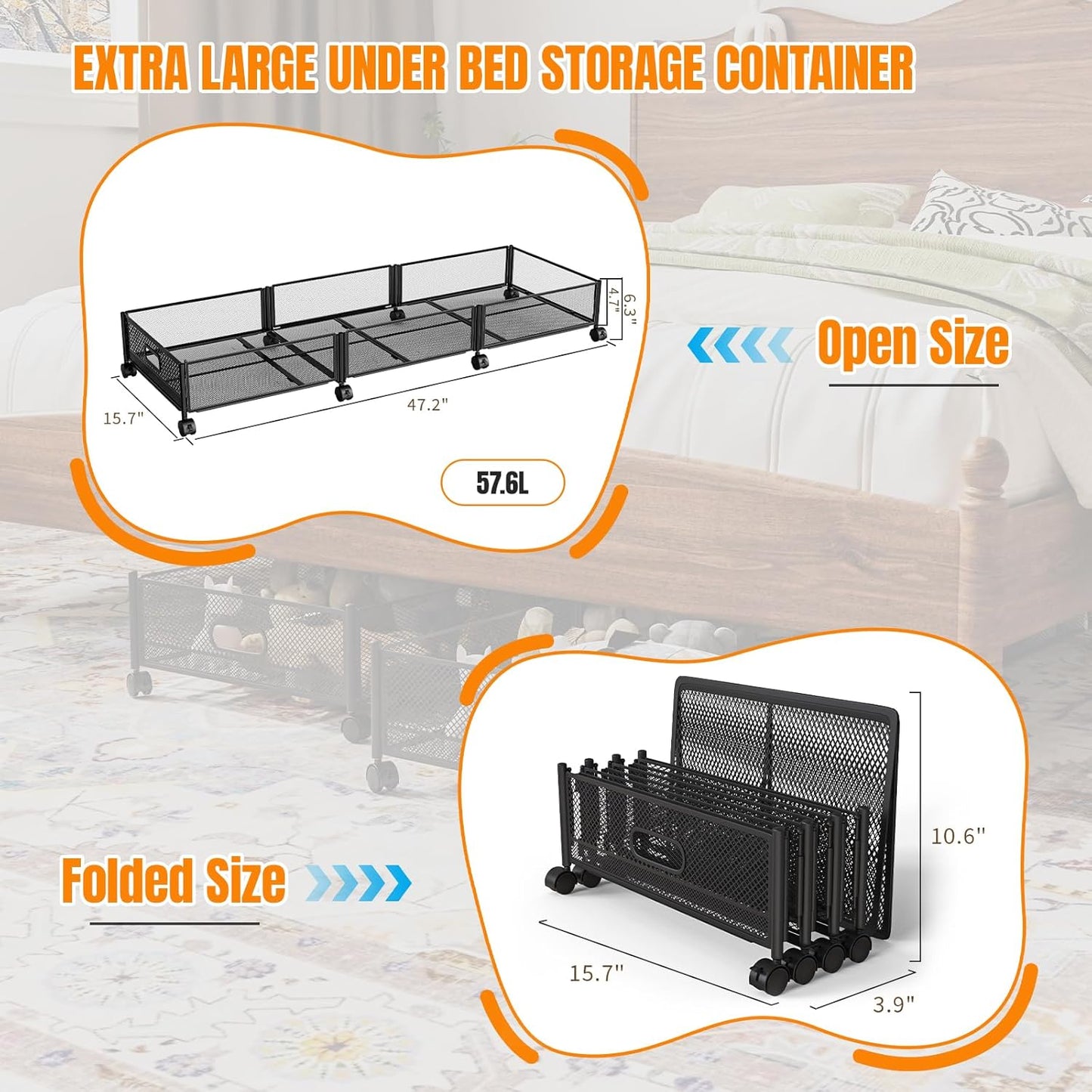 Under Bed Storage With Wheels, 47.2''/90lbs/57.6L, Metal Frame Under Bed Rolling Storage, Tool-Free Assembly Underbed Drawers, Underbed Organizer Containers for Shoes, Clothes and Toys