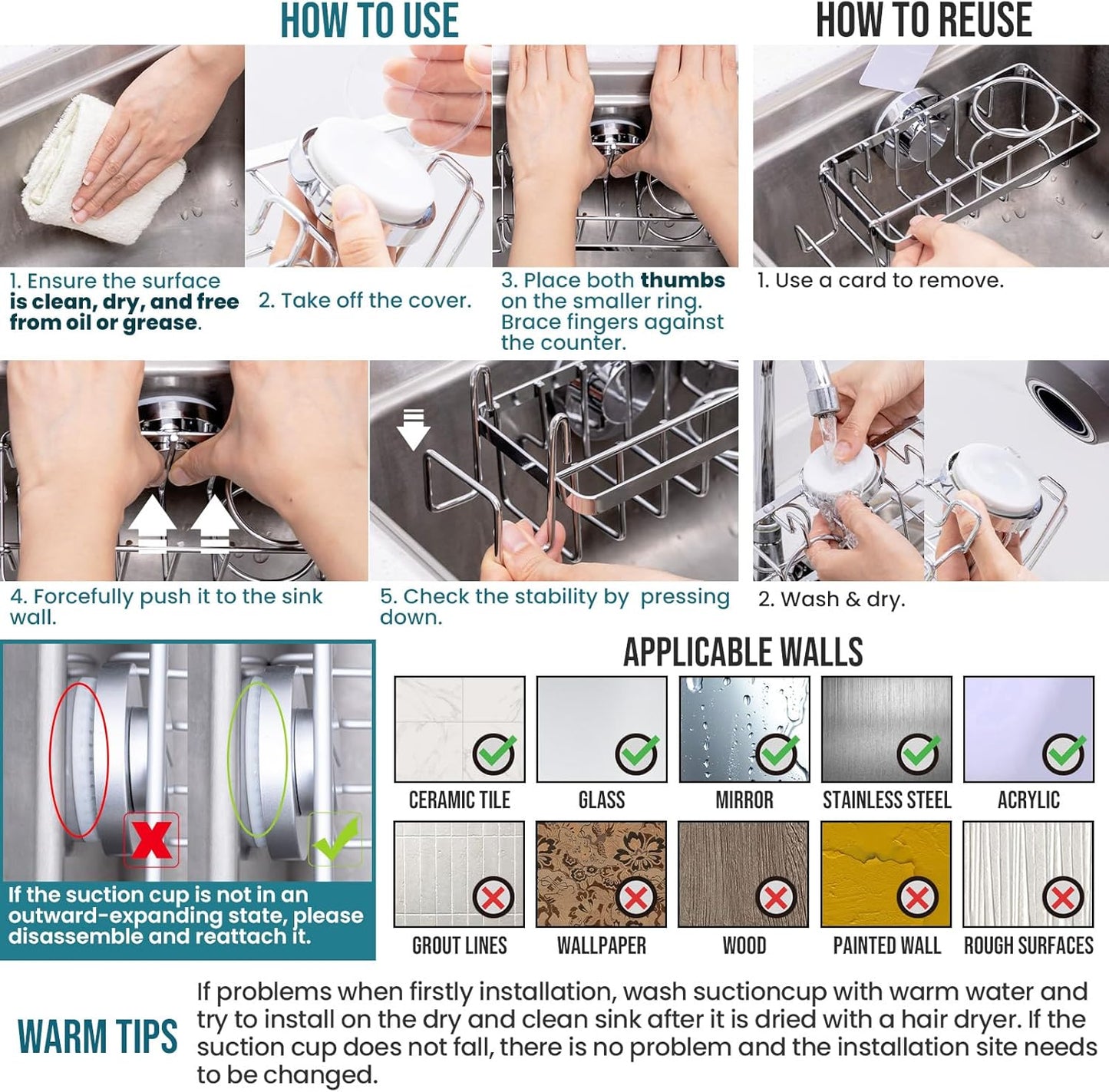 TAILI Sponge Holder with Strong Suction Cup, 4-in-1 Rustproof Sink Organizer - Sink Caddy Holds Sponges, Brushes, Stoppers & Scrapers -Silver