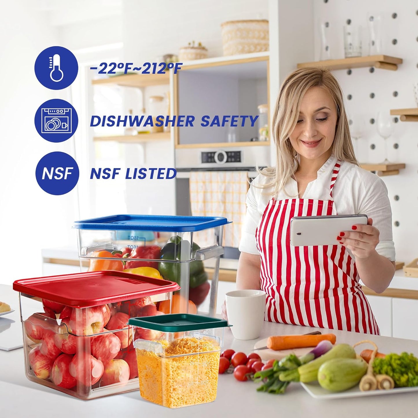4 Pack Food Storage Containers, 22 Quart with Lids, Square Commercial Containers with Scale, NSF, Polycarbonate, Clear