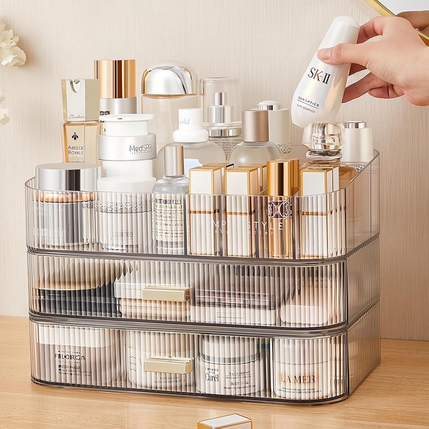 Clear Makeup Organizer for Vanity, Large Desk Organizer with Stackable Drawers for Cosmetics, Skincare, Lipsticks, Eyeshadow Palette, Nail Care, Ideal Storage for Dresser and Bathroom Countertop