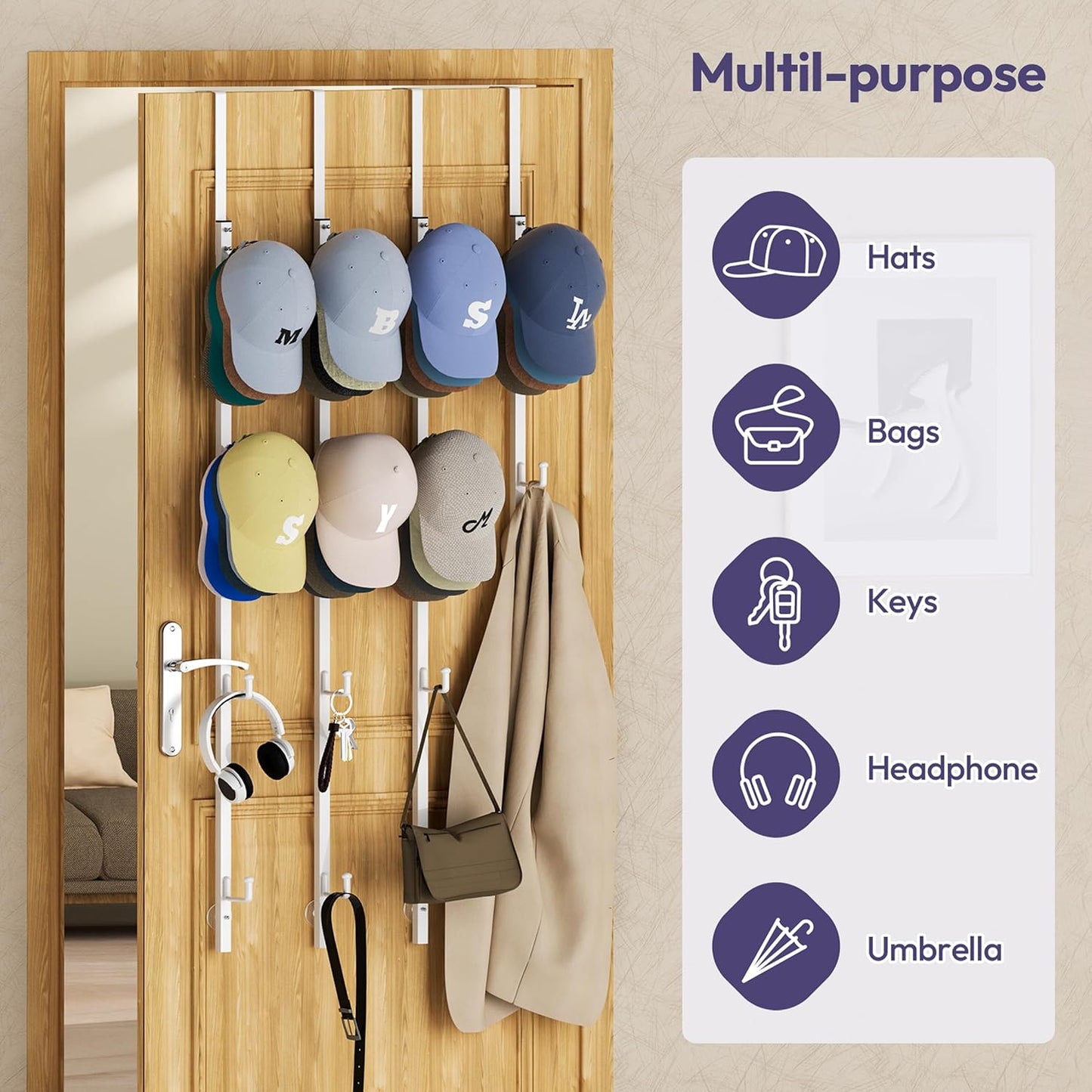 SWTYMIKI Over Door Hat Organizer - 4 Packs Metal Hanging Hat Rack with 16 Hooks Design, Baseball Cap Hanger Organizer Storage Holds up to 80 Caps for Door, Bedroom, Closet