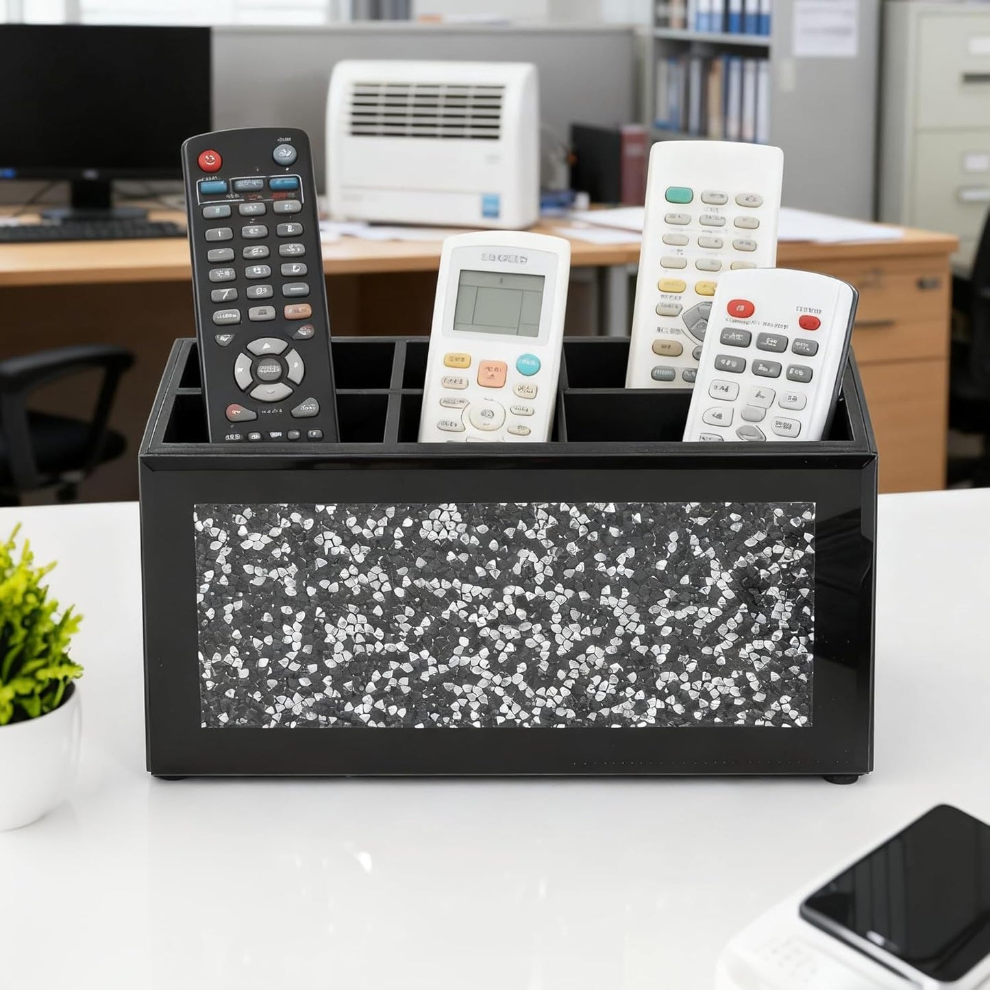 SHYFOY Remote Control Holder with 6 Compartments, Black Glass Desktop Organizer, Crystal Detail Design, 4.3x8.3x4 Inches, Multi-Purpose Storage Caddy for TV Remotes and Office Supplies