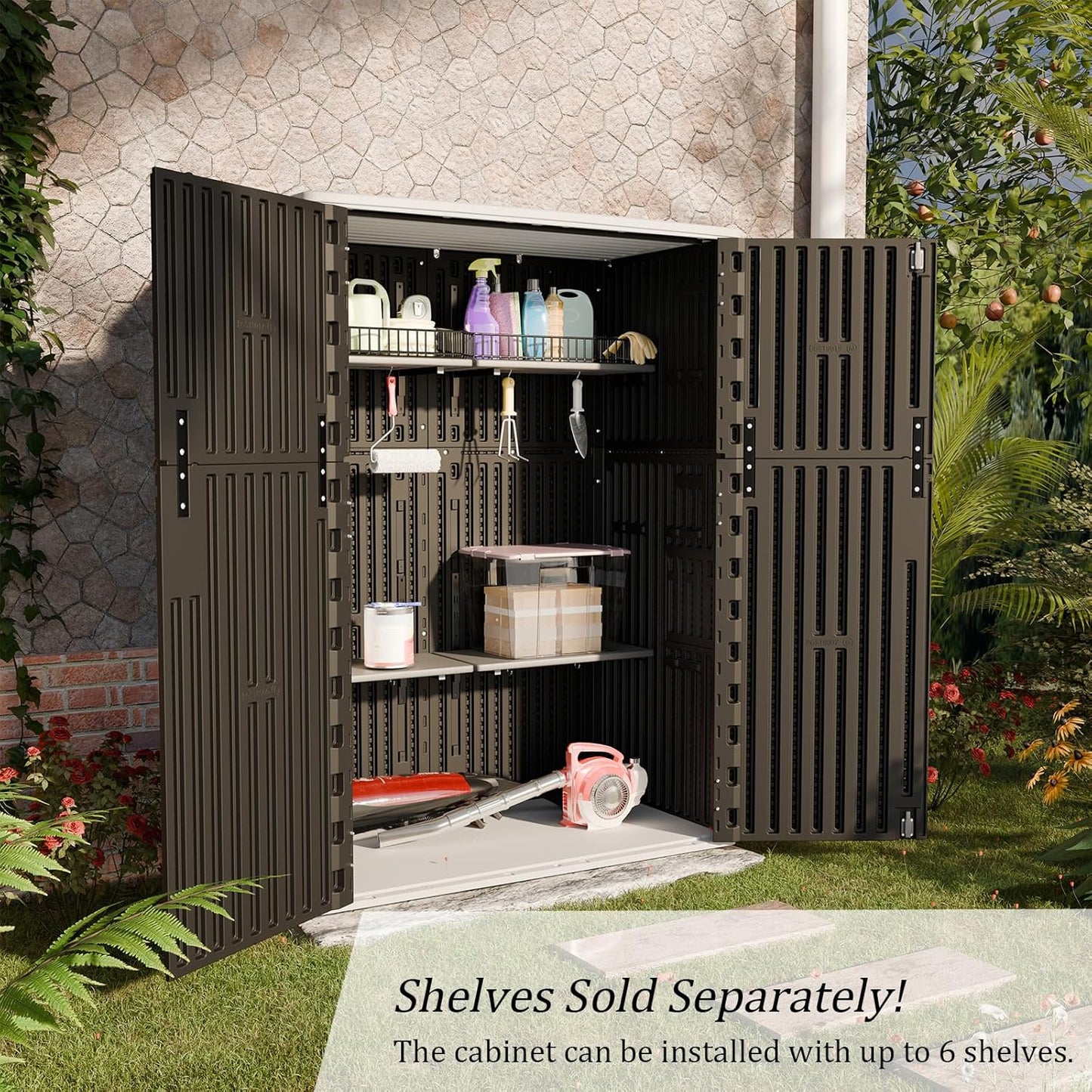 HOMSPARK Outdoor Storage Shed Weather Resistance, Patio Storage Cabinet Lockable Resin Tool Shed for Storage of Bike, Trash Cans, Garden Tools (Black, 66 Cu.ft)