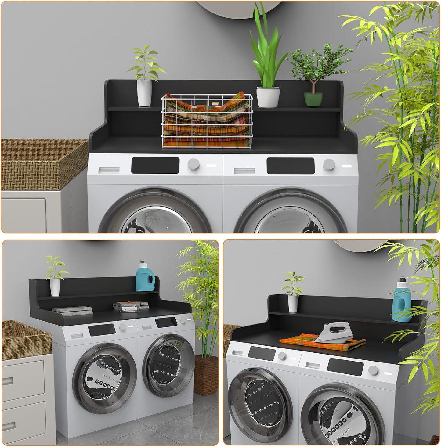 2-Tier Washer Dryer Countertop, Wood Laundry Countertop with Edge, 54" x 27.5" Top Cover for Laundry Machine, Washer and Dryer Wood Shelf Topper for Laundry Room Counter Storage Organization, Black