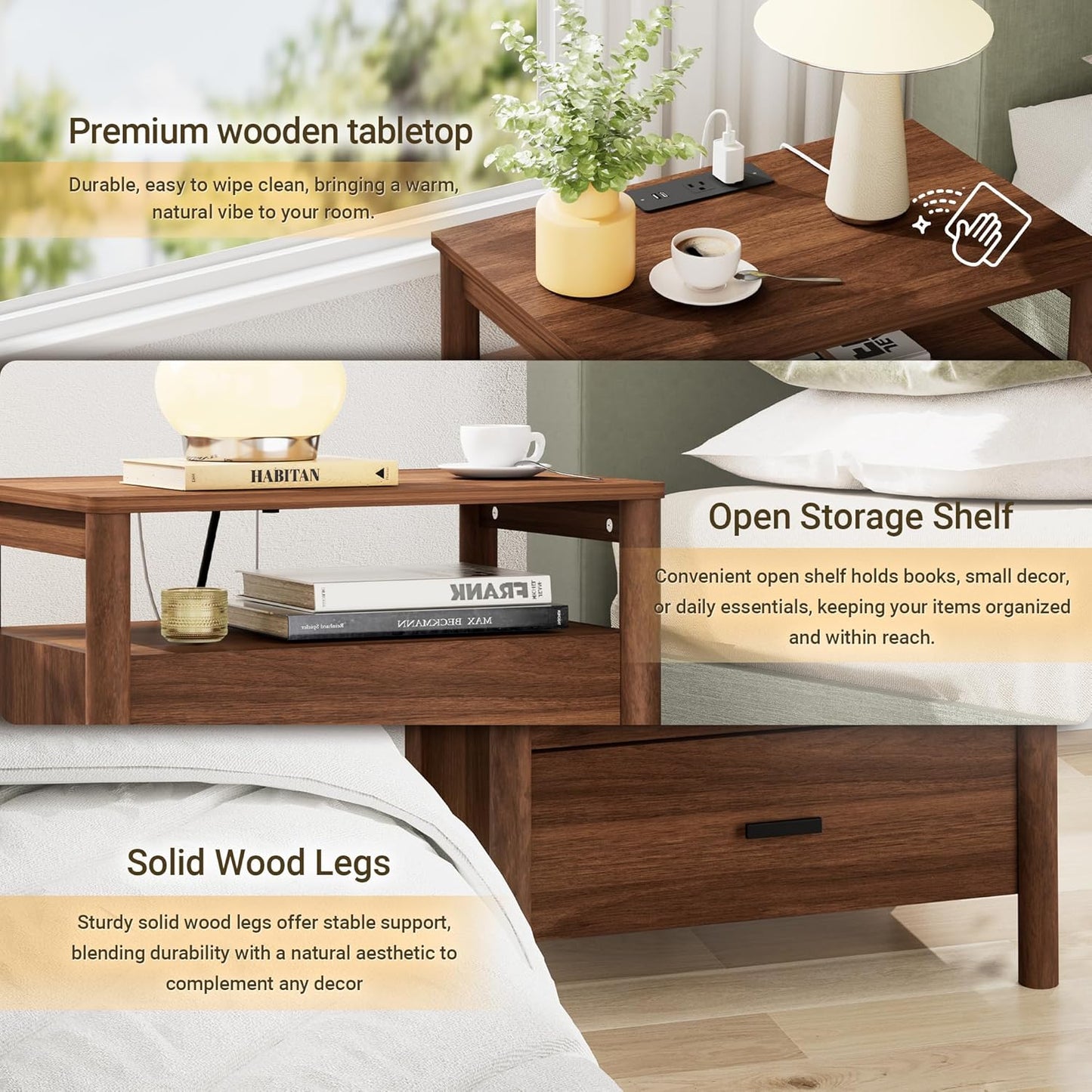 Night Stand Set of 2 with Charging Station, 24" Large Modern Side Table with Solid Round Post Legs, 2 Drawers End Table with Open Shelf, Nightstand for Bedroom, Walnut