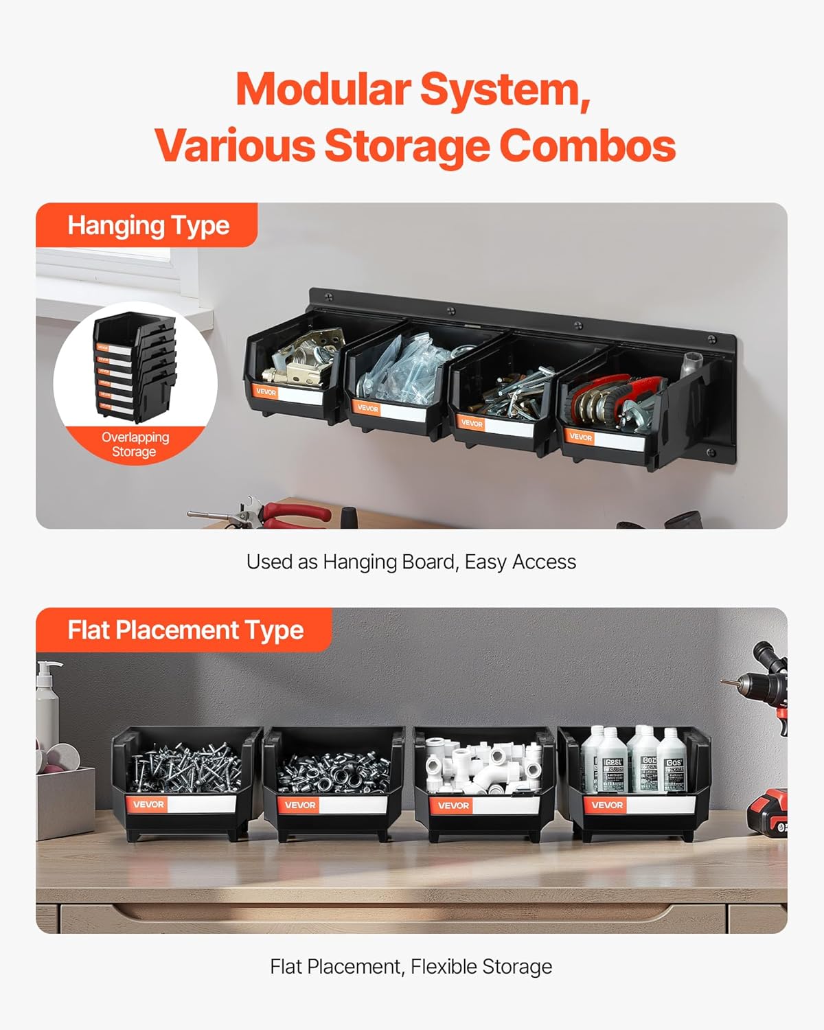 VEVOR Wall Mounted Storage Bins, 12 Plastic Bins & 3 Metal Rails, Plastic Hanging Stackable Storage Bin for Screws, Nuts, Bolts, Nails, Hardware Tool Organizer for Workshop, Craft Room, Garage, Black