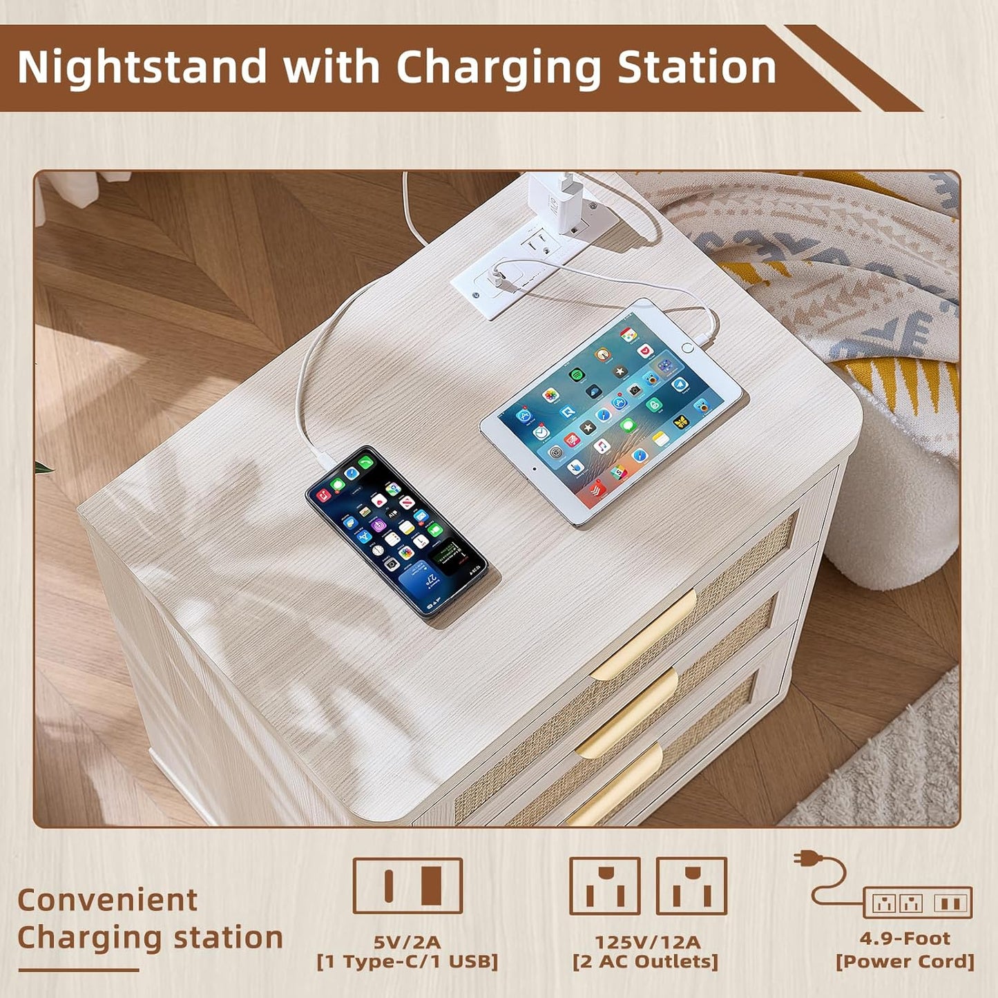 LEYAOYAO Rattan Night Stand Set of 2 with Charger Station, 23" Large 3 Drawer Boho Nightstand, Grey White Bedside Table Storage Cabinet, Bed Side End Tables for Bedroom, Living Room, Hallway