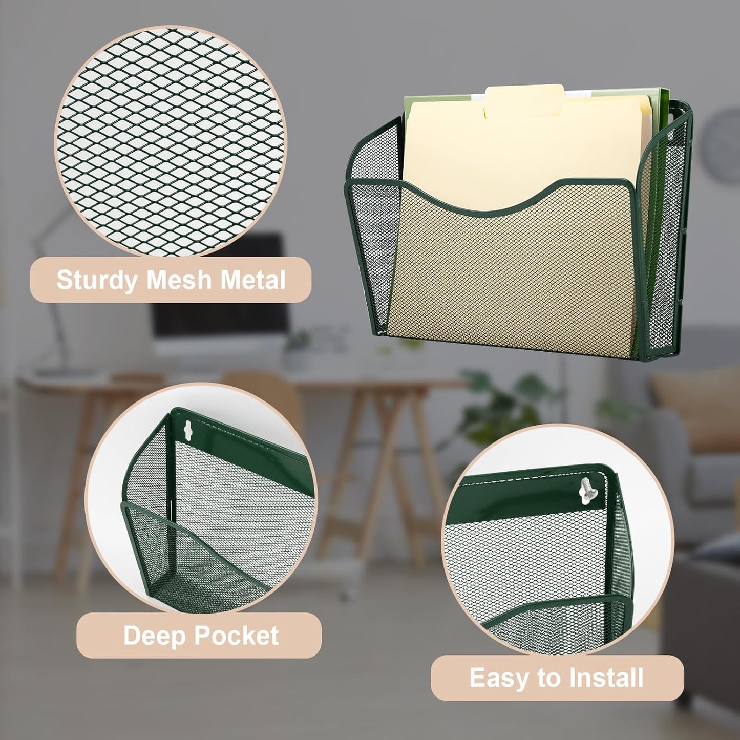EASEPRES 3 Single Pocket Mesh Hanging File Organizer, Vertical Wall Mounted Magazine File Holder, Mount Basket Mail Paper Document Folder Organizing for Office, Home and School, Dark Green