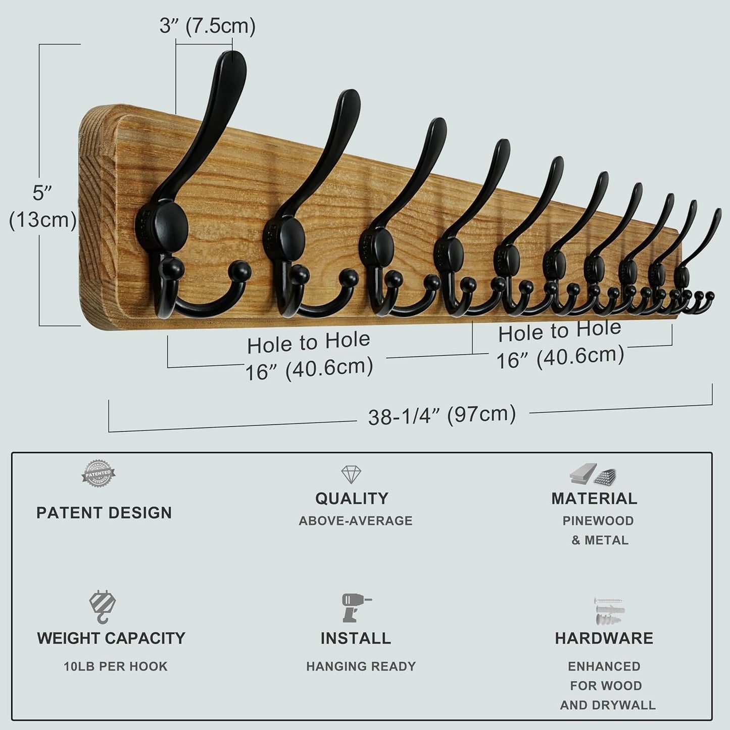 Dseap Coat Rack Wall - Heavy-Duty 38-1/4" Long, with Reinforced 10 Custom Tri-Hooks, Solid Wood Wall Hanger for Coats Hat Jackets - Rustic Farmhouse Entryway Hallway Storage, Weathered Brown & Black