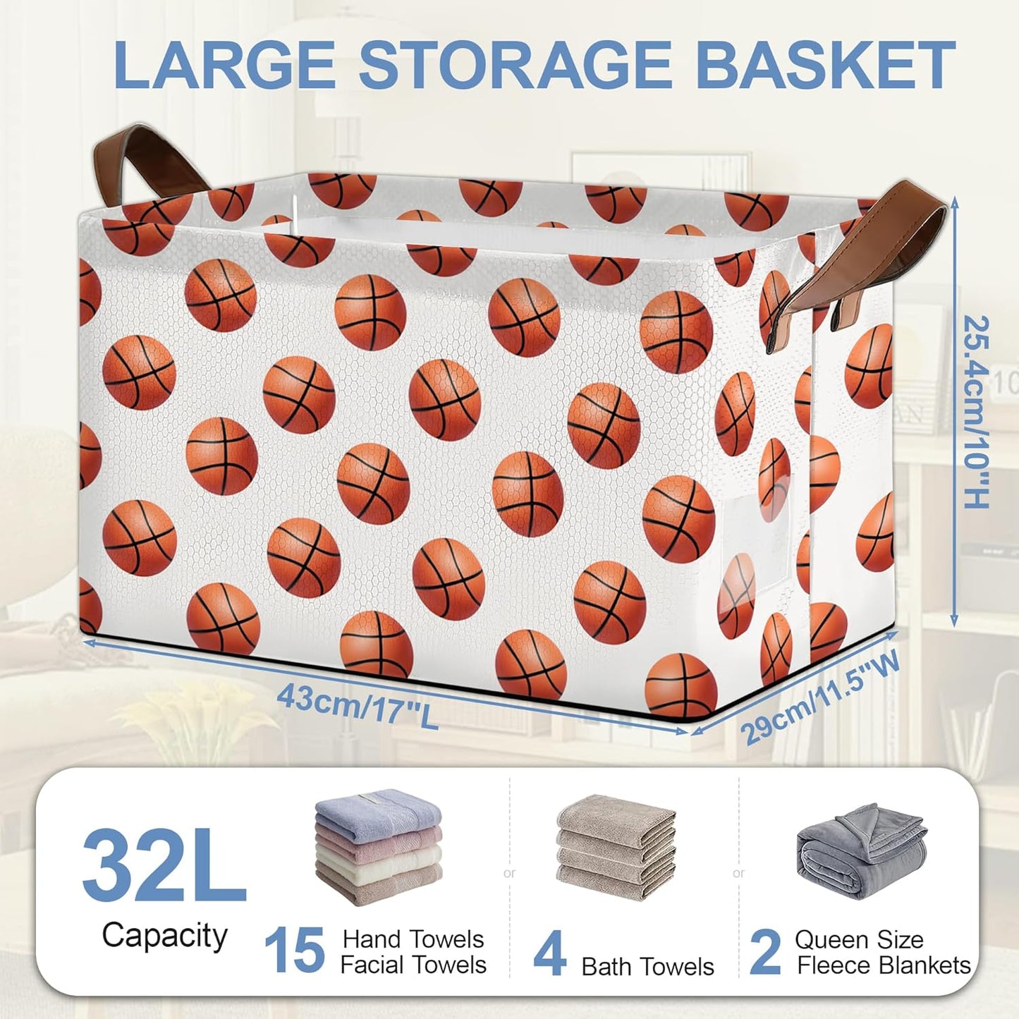 Basketball Collapsible Storage Box,Organizer Bin with Handles for Room Decoration,Bins Book Basket Box 17x11.5x10Inch