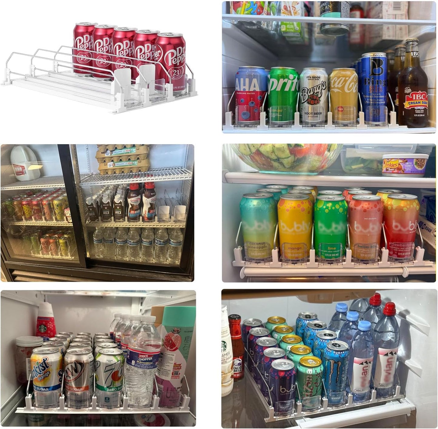 Drink Organizer for Fridge-White Automatic Pusher Glide,12oz 16oz 20oz-Soda Dispenser for Fridge-Holds up to 15 Cans