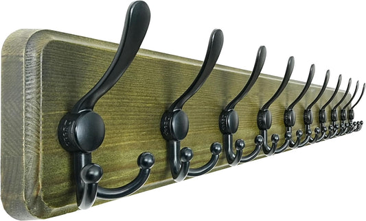 Dseap Coat Rack Wall - Heavy-Duty 38-1/4" Long, with Reinforced 10 Custom Tri-Hooks, Solid Wood Wall Hanger for Coats Hat Jackets - Rustic Farmhouse Entryway Hallway Storage, Weathered Green & Black