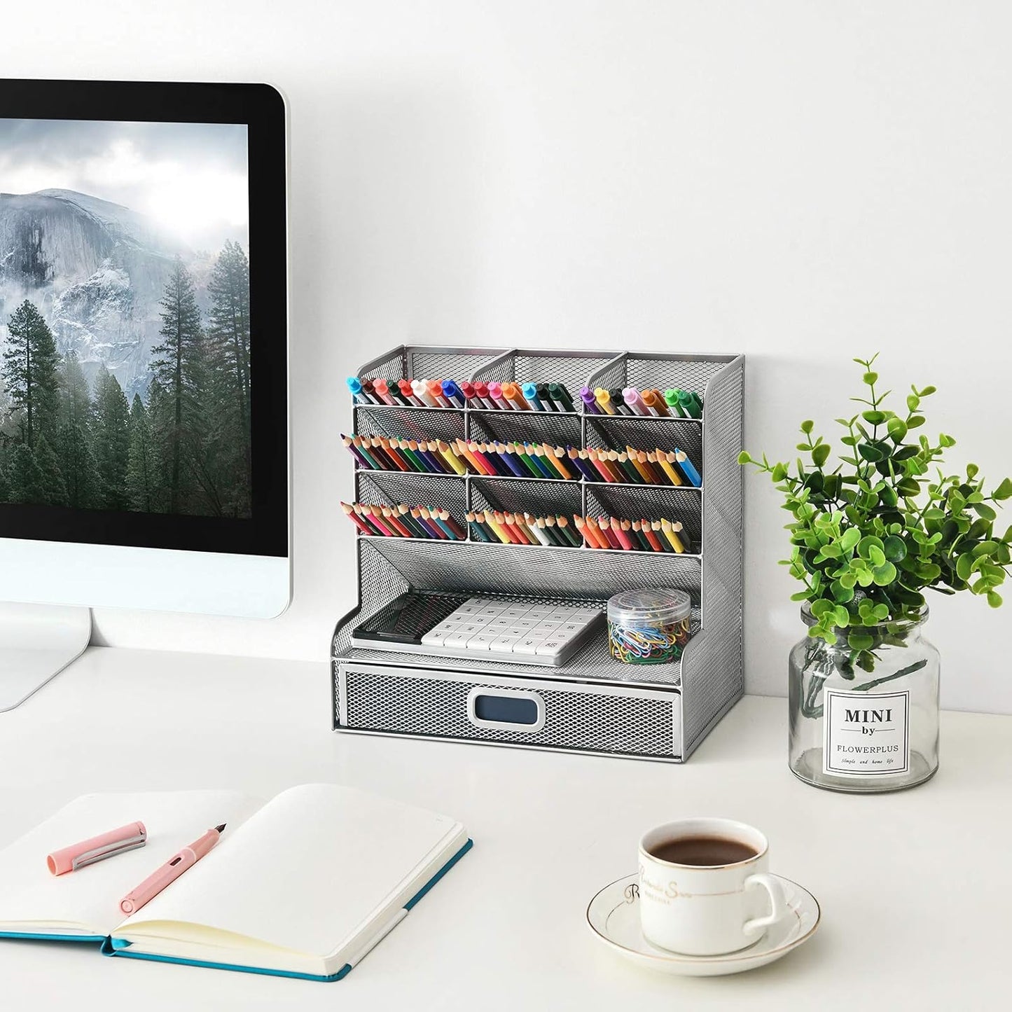 Marbrasse Larger Mesh Desk Organizer with Drawer, Multi-Functional Pen Pencil Holder, Desk Organizers and Accessories for Office Art Supplies (Silver Mesh Pen Holder with Drawer)
