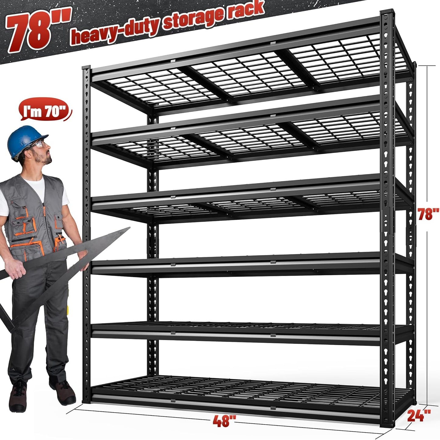 REIBII 3600LBS Garage Shelving 78" H Storage Shelves Heavy Duty 6-Tier Adjustable Matel Shelving Easy Assembly Storage Shelf for Garage Basement Warehouse Pantry, 48" W X 24" D X 78" H