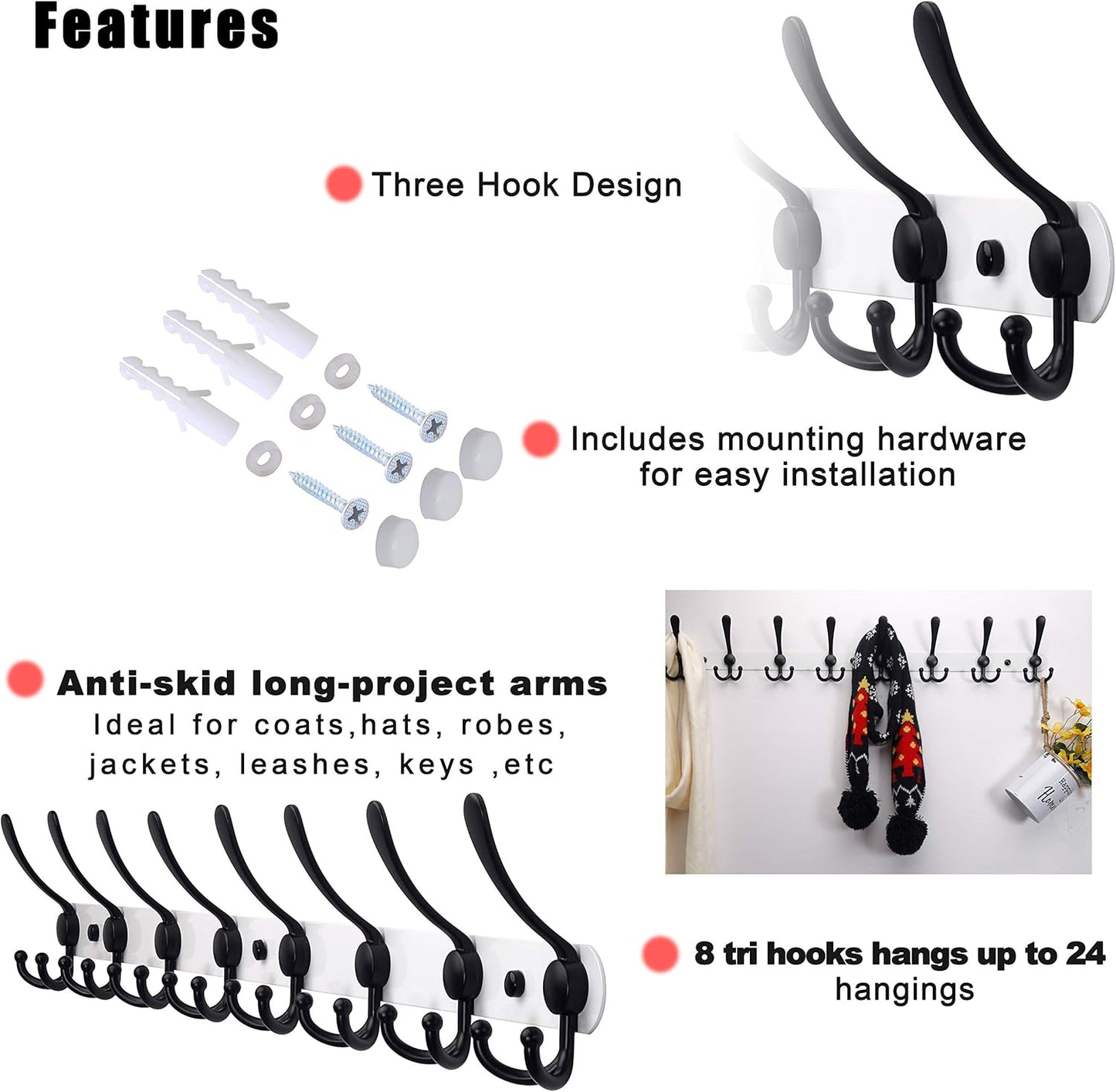 Dseap Coat Rack Wall Mount - 29.5” Long 8-Tri-Hooks Heavy Duty Coat Hanger Rail Wall Hooks for Hanging Coats Hats Clothing Clothes Purse Mudroom Entryway, White & Black, Pack of 2