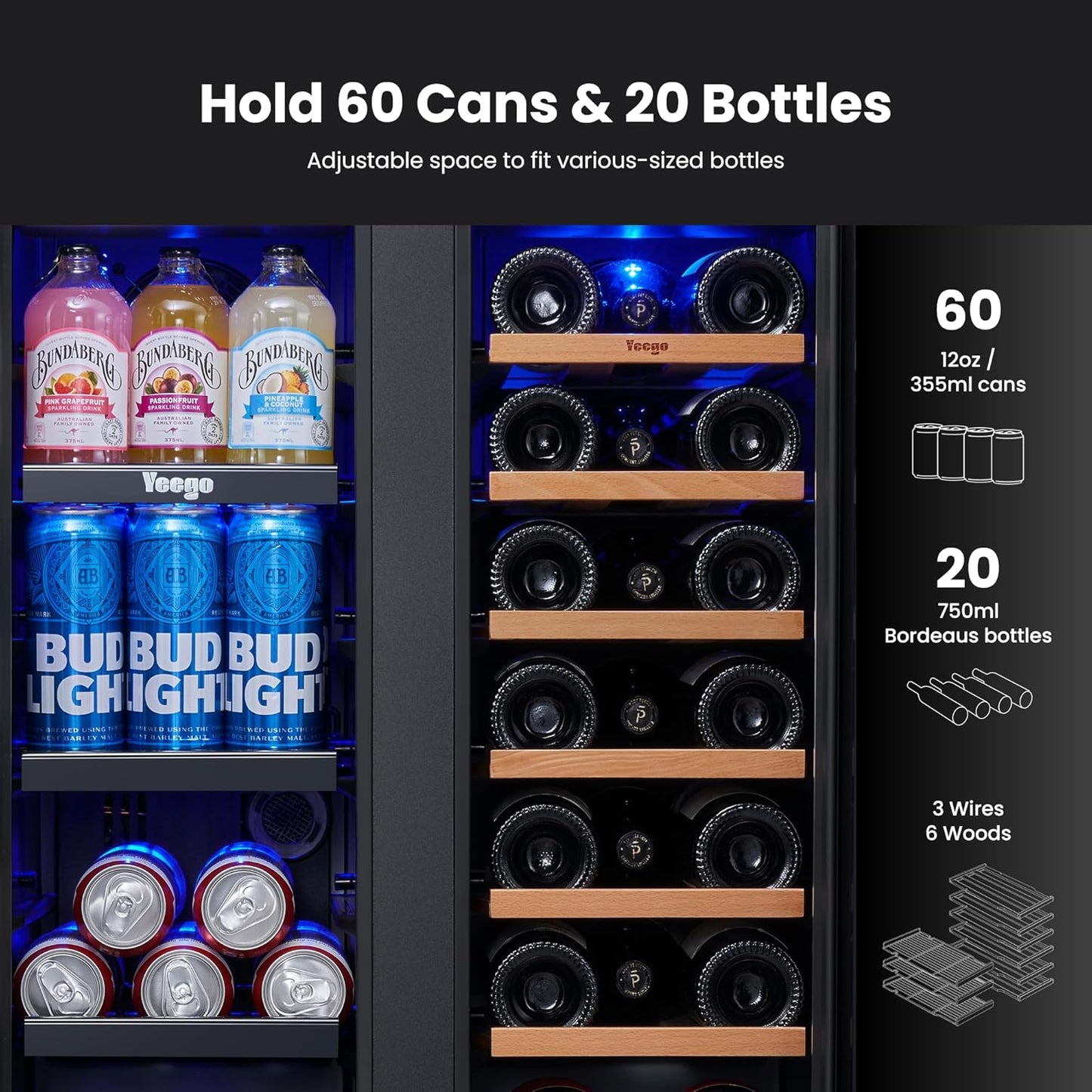 Yeego Wine & Beverage Refrigerator, 24 Inch 60 Cans and 20 Bottles Dual Zone Wine Cooler with Glass Door, 36-72°F Drink Cooler for Built-in or Freestanding, For Kitchen,Bar or Office