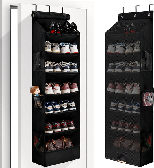 7 Tier Over The Door Shoe Organizer, Hanging Shoe Rack for Closet with Dustproof Mesh Curtain & 6 Side Pockets, Behind The Door Narrow Shoe Holder Hanger for Sneakers, Boots (Black)