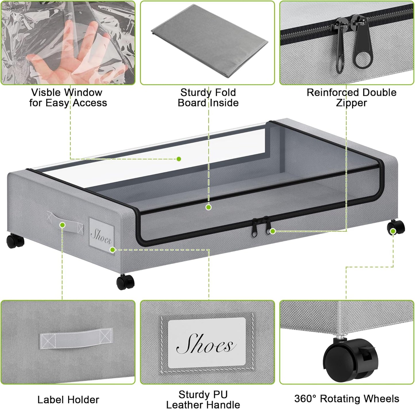 Under Bed Storage with Wheels, XXL 60L Under the Bed Storage Bins, Underbed Storage Containers with Lids & Label, Rolling Metal Drawer for Shoes, Clothes, Books, Toys (2-Pack Gray)