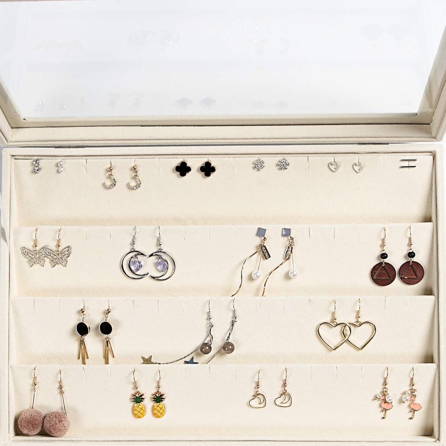 Frebeauty Earring Organizer Tray with Clear Lid 64 Slots Velvet Drawer Insert Earring Storage box with Transparent Glass lid Jewelry Display Case Store Showcase Gifts for Women(Beige, Earrings)