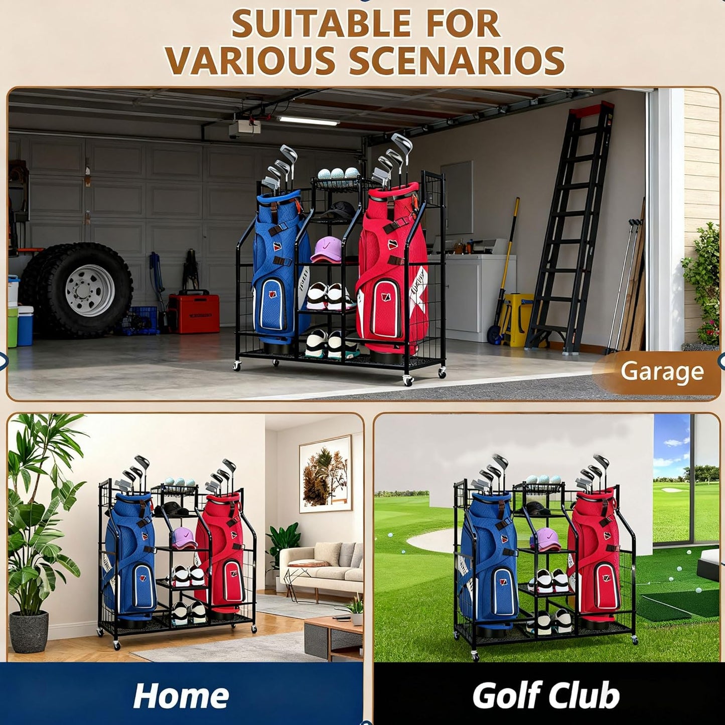 Golf Bag Storage Organizer Stand - Heavy Duty Steel Rack Holds 2 Golf Bags with Central Storage Shelf for Golf Balls, Shoes & Accessories, Space Saving Garage Golf Club Equipment Holder