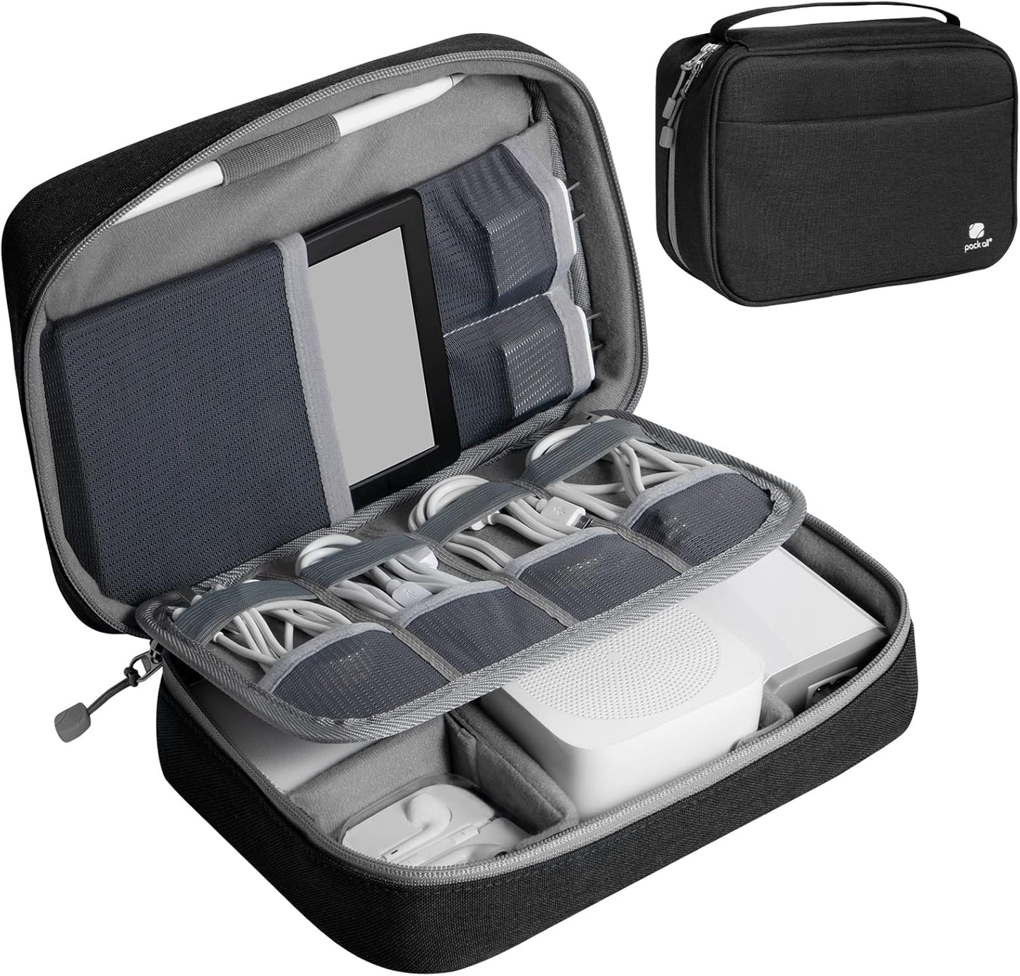 pack all Electronic Organizer Plus, Larger Capcity Cable Organizer Bag, Shockproof Carrying Case, Portable Cord Travel Organizer Storage Bag for Cables, Chargers, Phones, USB, SD Cards(Black)