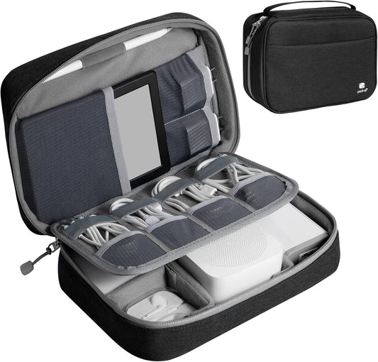 pack all Electronic Organizer Plus, Larger Capcity Cable Organizer Bag, Shockproof Carrying Case, Portable Cord Travel Organizer Storage Bag for Cables, Chargers, Phones, USB, SD Cards(Black)