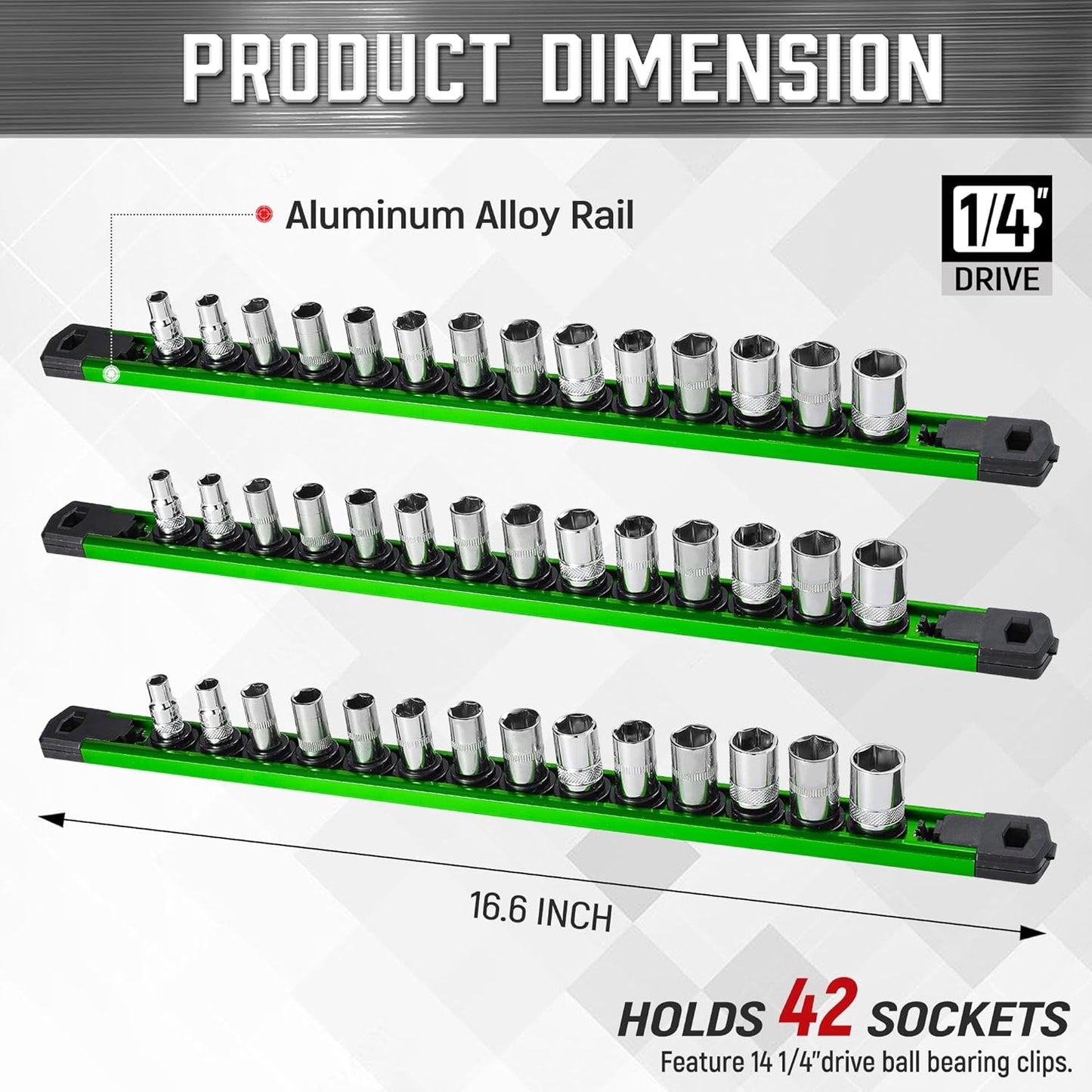 ALOANES 3-Piece Magnetic Socket Organizer, Heavy Duty Aluminum Socket Rails Organizer, 360° Swivel Clips Socket Holder Kit for Tool Box, 1/4-Inch Socket Holder x 42 Clips (Green)
