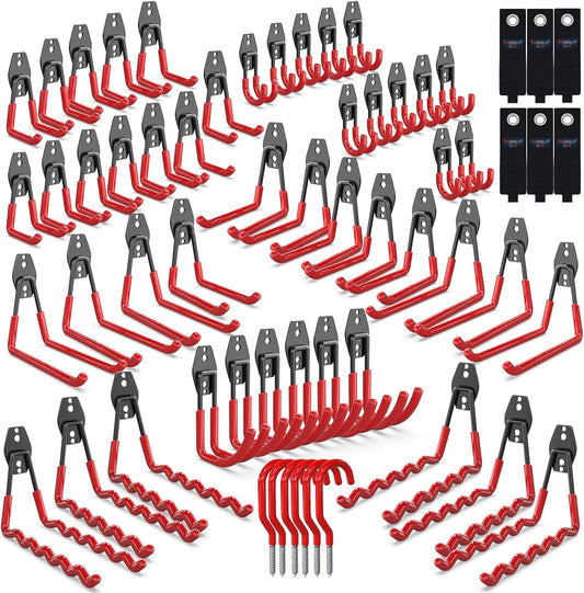 3-H Garage Wall Hooks 60 Pack, Heavy Duty Garage Hooks with Extra Welding Spots, Wall Mount Storage Organizer for Hanging Garden Lawn Tools, Ladder, Bike, WeedEater, Chair, Shovel, Blower (Red)