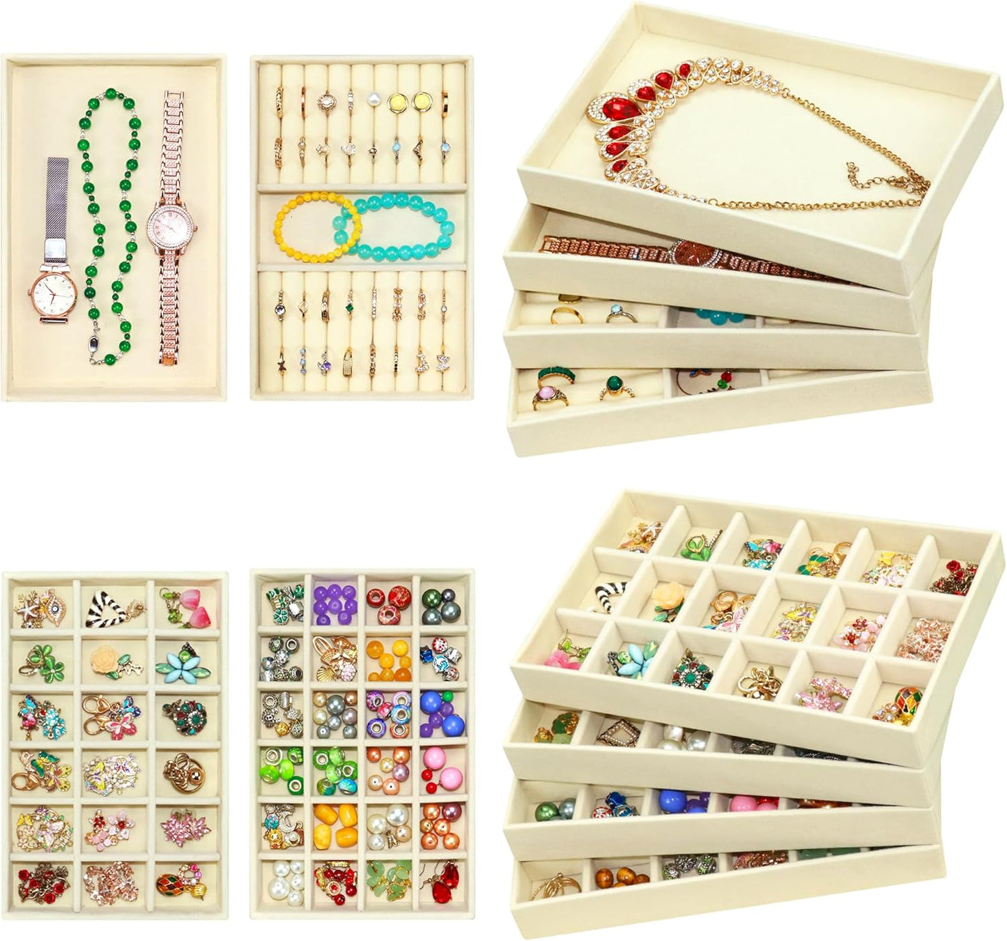 8 Pack Velvet Jewelry Trays X-Large Stackable Jewelry Drawer Organizer Tray 8-Layer Jewellry Tray Set for Earrings, Necklaces, Rings,Bracelets with Removable Dividers for Dresser & Vanity
