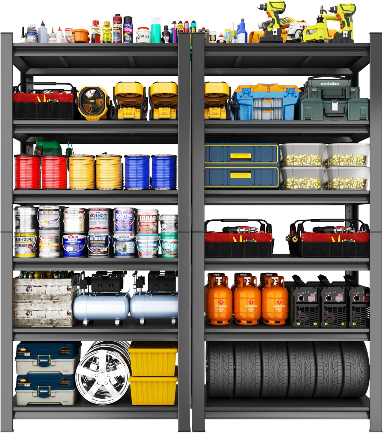 Storage Shelves, Garage Metal Shelving Unit, Adjustable, Double-Layer Column with Reinforced Ribs, Heavy-Duty, Capable of Bearing 3600 lbs, Suitable for Garage, Warehouse, Kitchen Storage